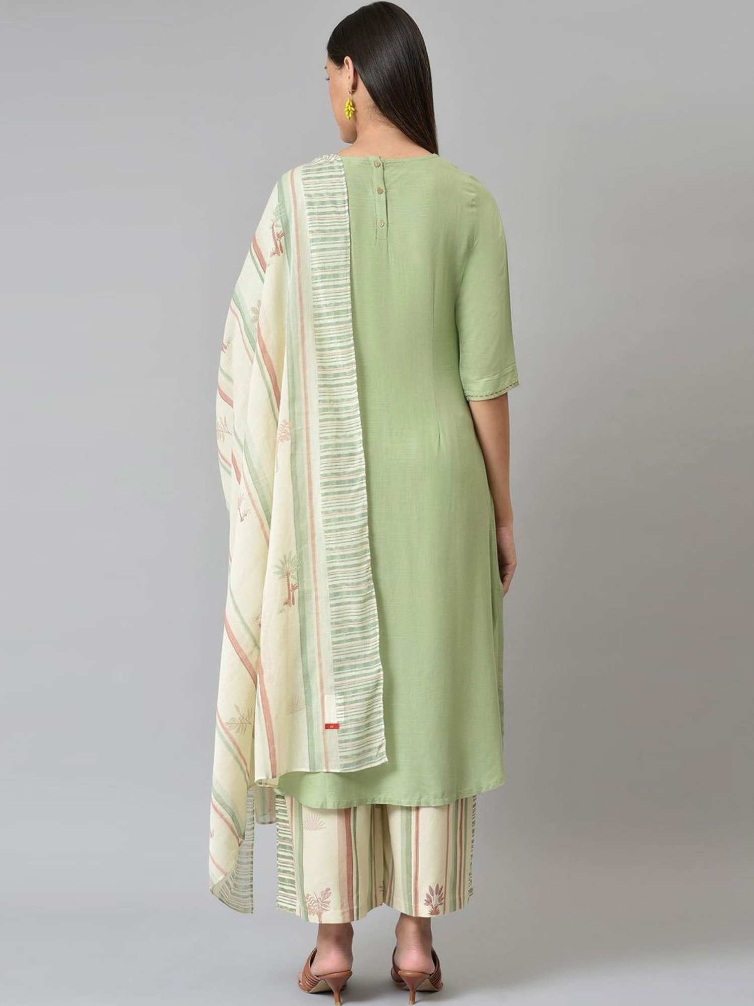 W Women Green Festive Printed Rayon Kurta With Parallel Pant & Dupatta
