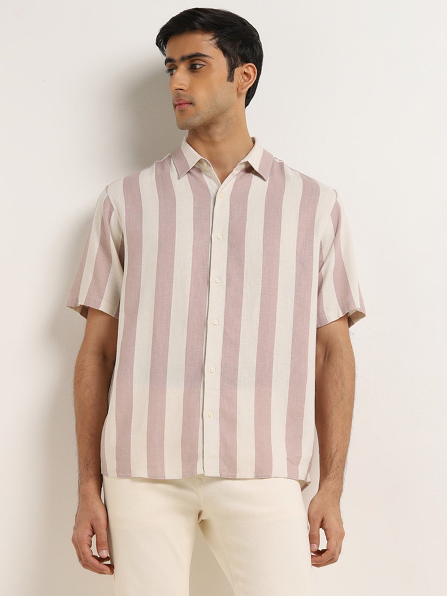 Ascot by Westside Dusty Pink Striped Relaxed-Fit Blended Linen Shirt