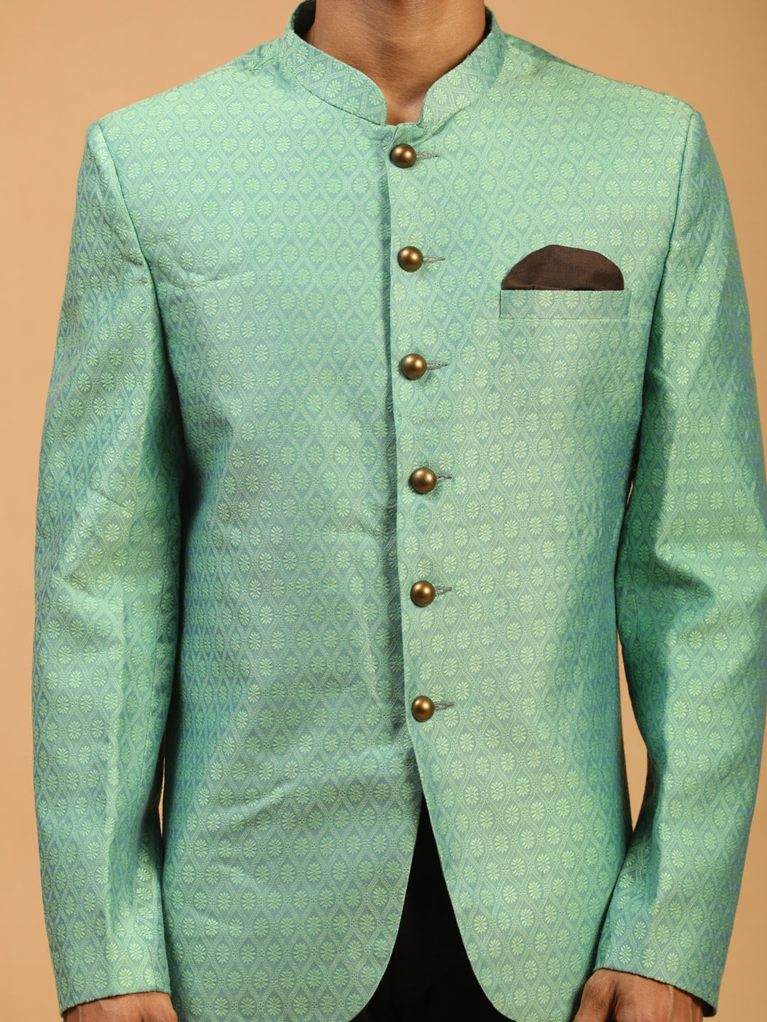 VASTRAMAY Mint Green Regular Fit Self Design Ethnic Blazer