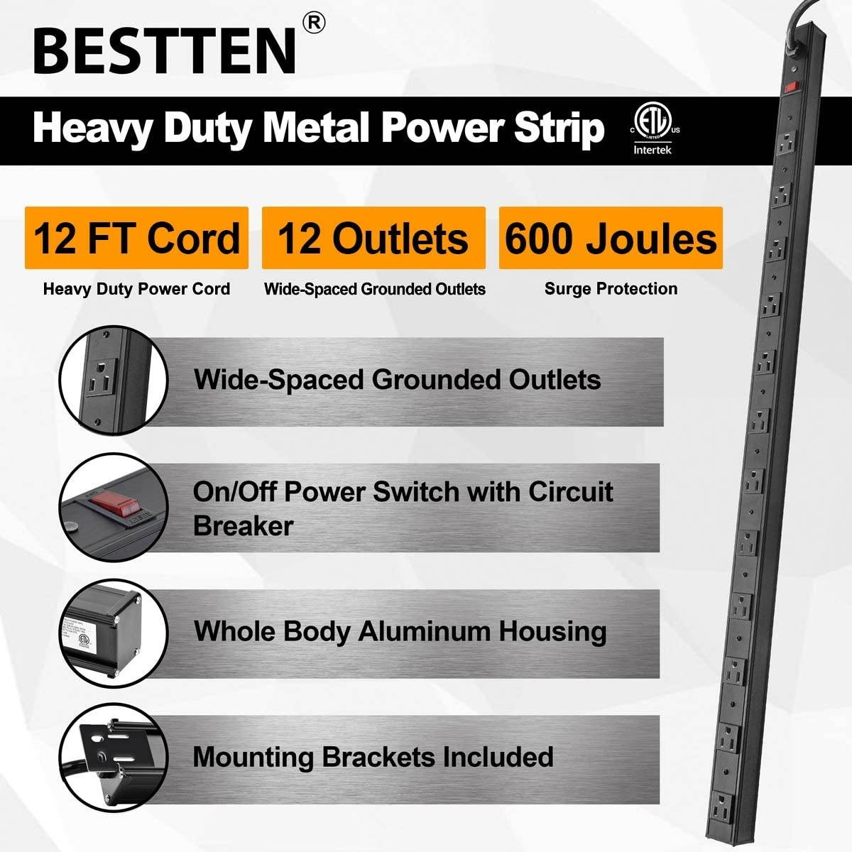 BESTTEN Wide-Spaced 12-Outlet Metal Power Strip Surge Protector, 15-Foot Ultra Long Extension Cord, 15A/125V/1875W, 600 Joules, ETL Listed, Black