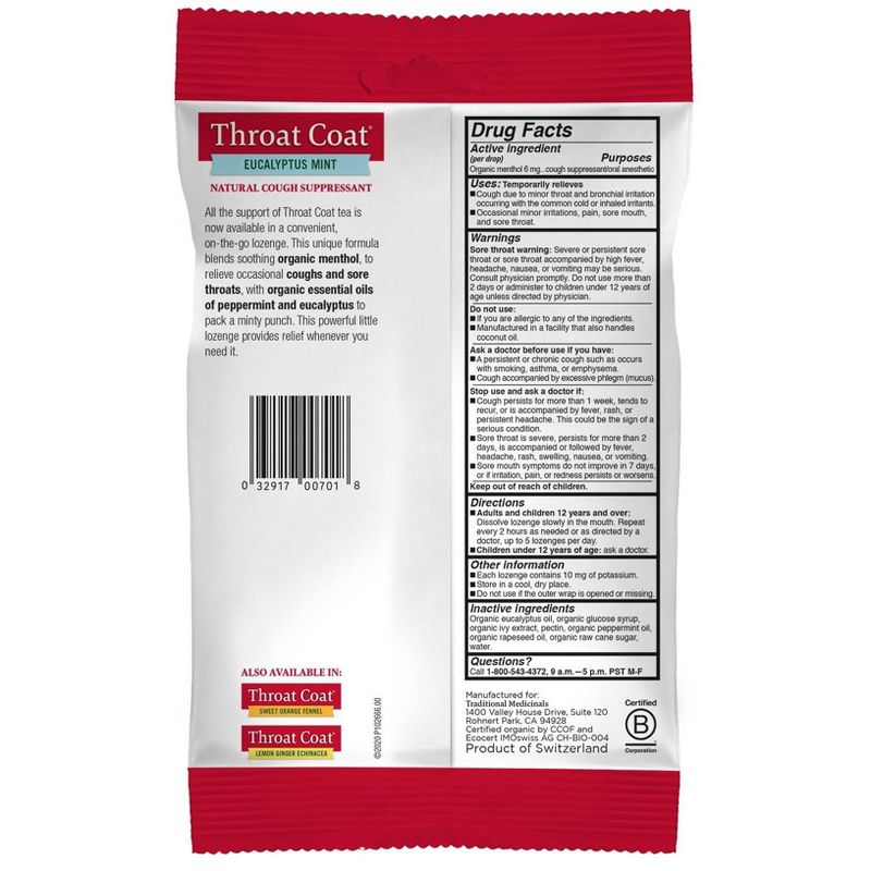 Traditional Medicinals Throat Coat Eucalyptus Mint Lozenges - 2pk/16ct