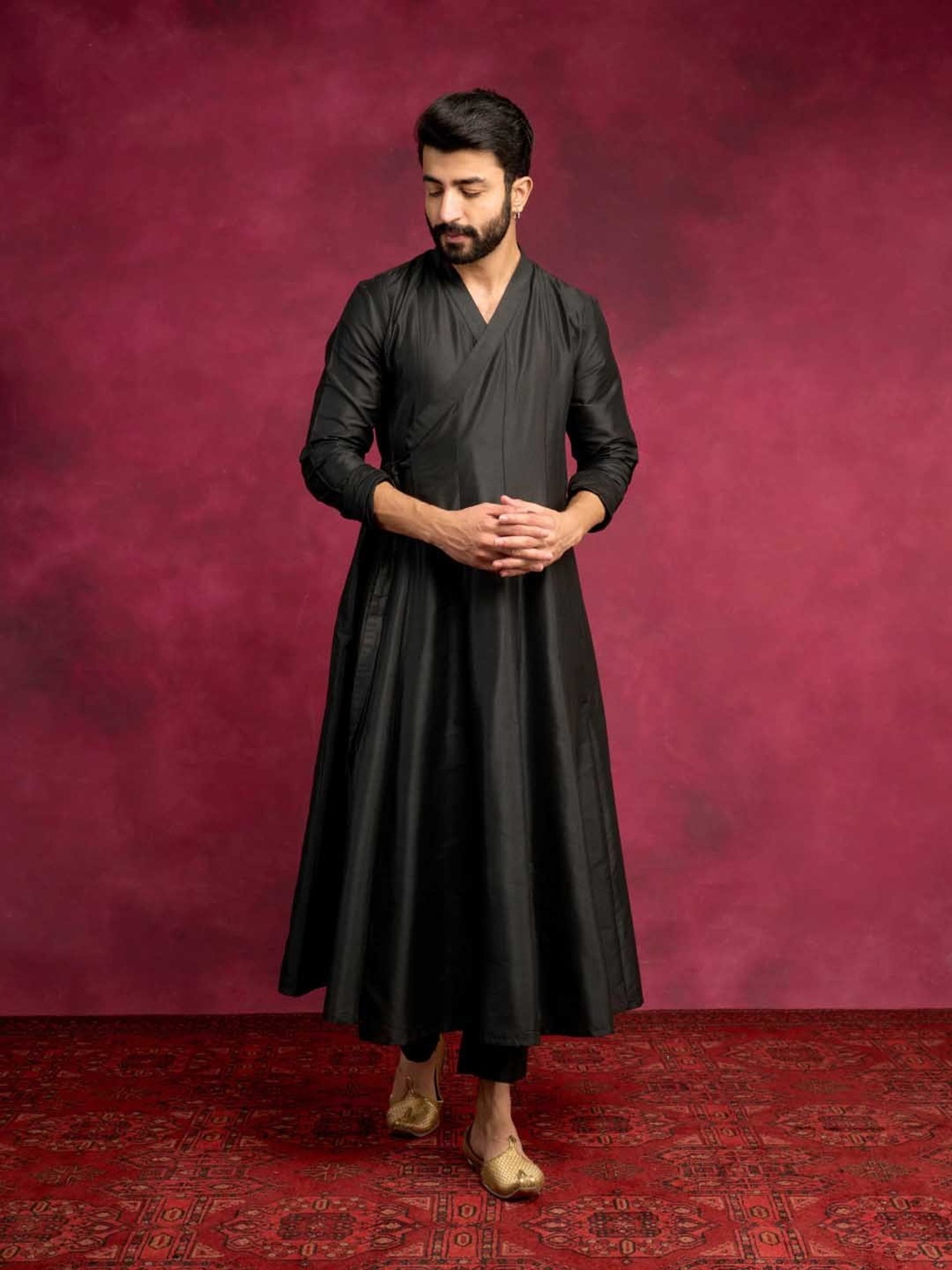 Abhishti Black Comfort Fit Paneled Angrakha Kurta & Straight Pants Set