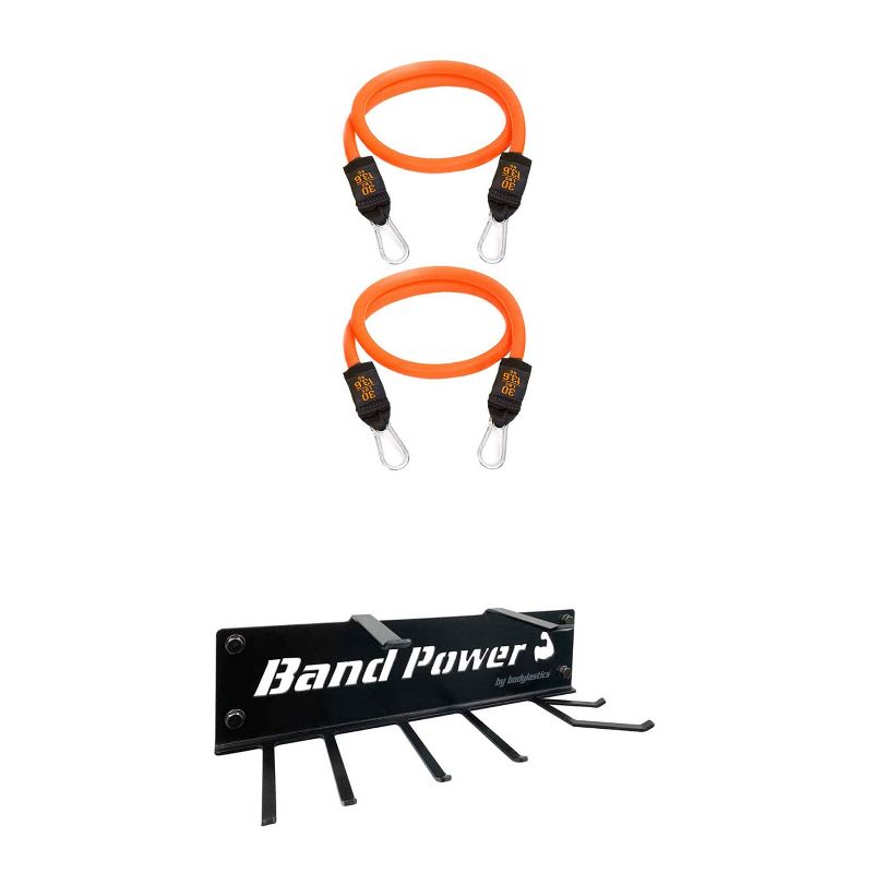Bodylastics 30 Lb Full Body Anti Slip Resistance Clip Bands Set, Orange (2 Pack) and Single Mount 8 Prong Gym Rack for Fitness Equipment