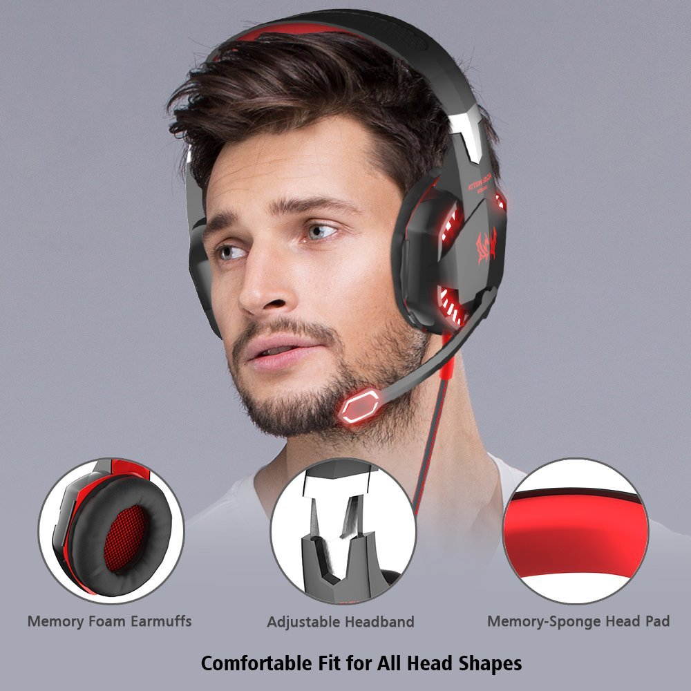 VersionTech G2000 Gaming Headset for PC Computer, Comfortable Over Ear Headphones with Microphone, Led Lights & In-Line Volume Control (Not compatible with PS3/PS4/Xbox One/Xbox 360)- Red