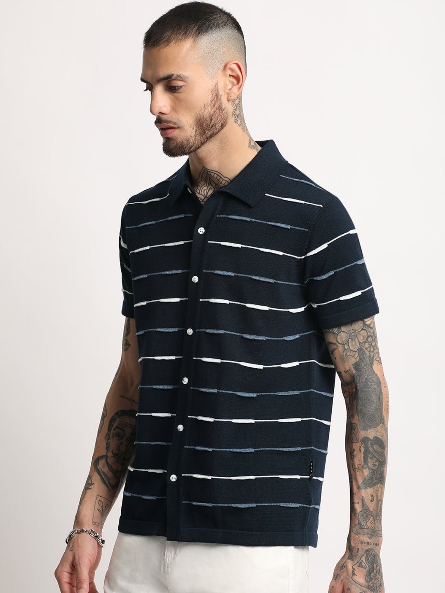 The Bear House Navy Cotton Slim Fit Striped Polo T-Shirt