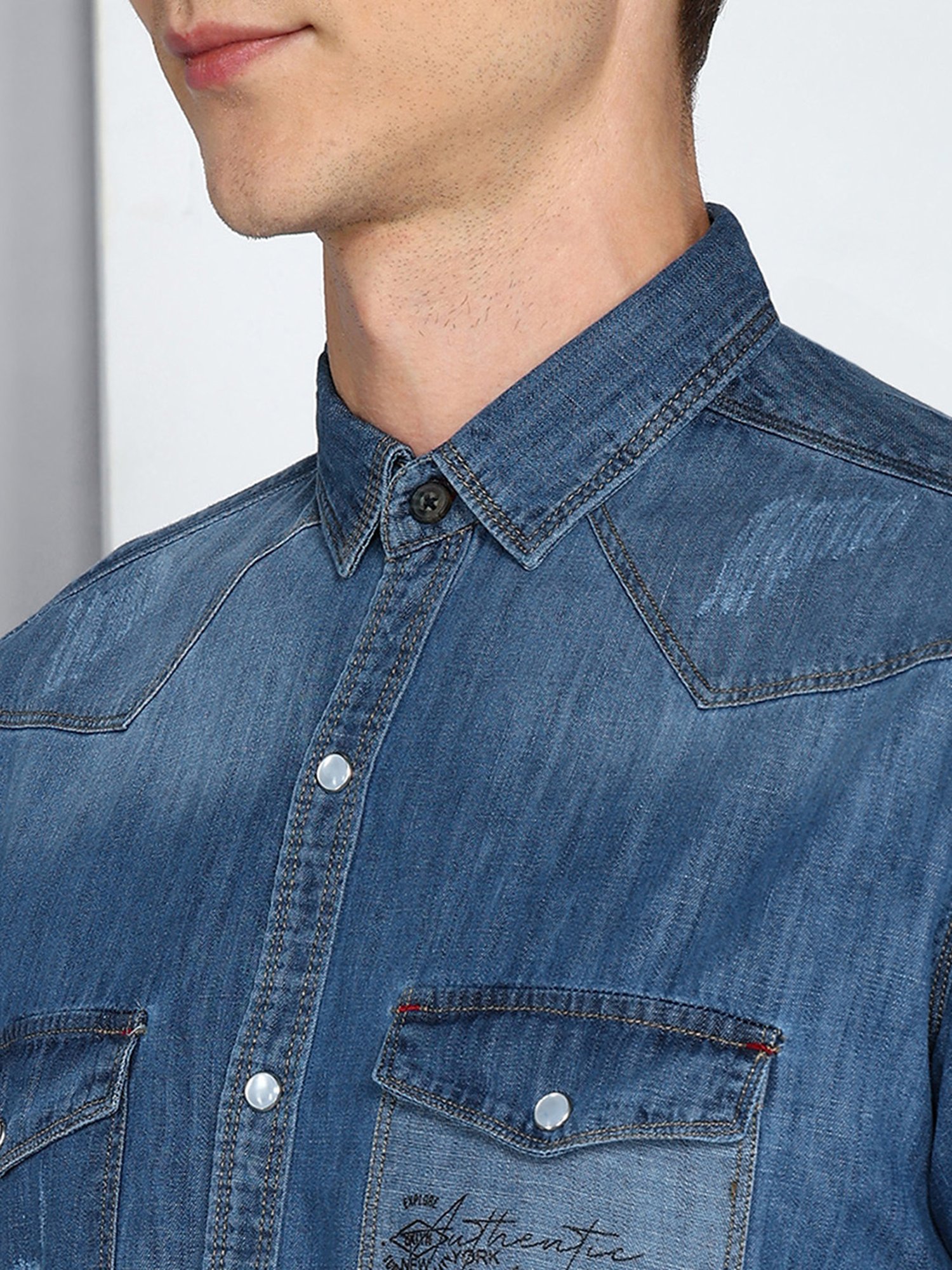 Kuons Avenue Blue Slim Fit Distressed Denim Shirt