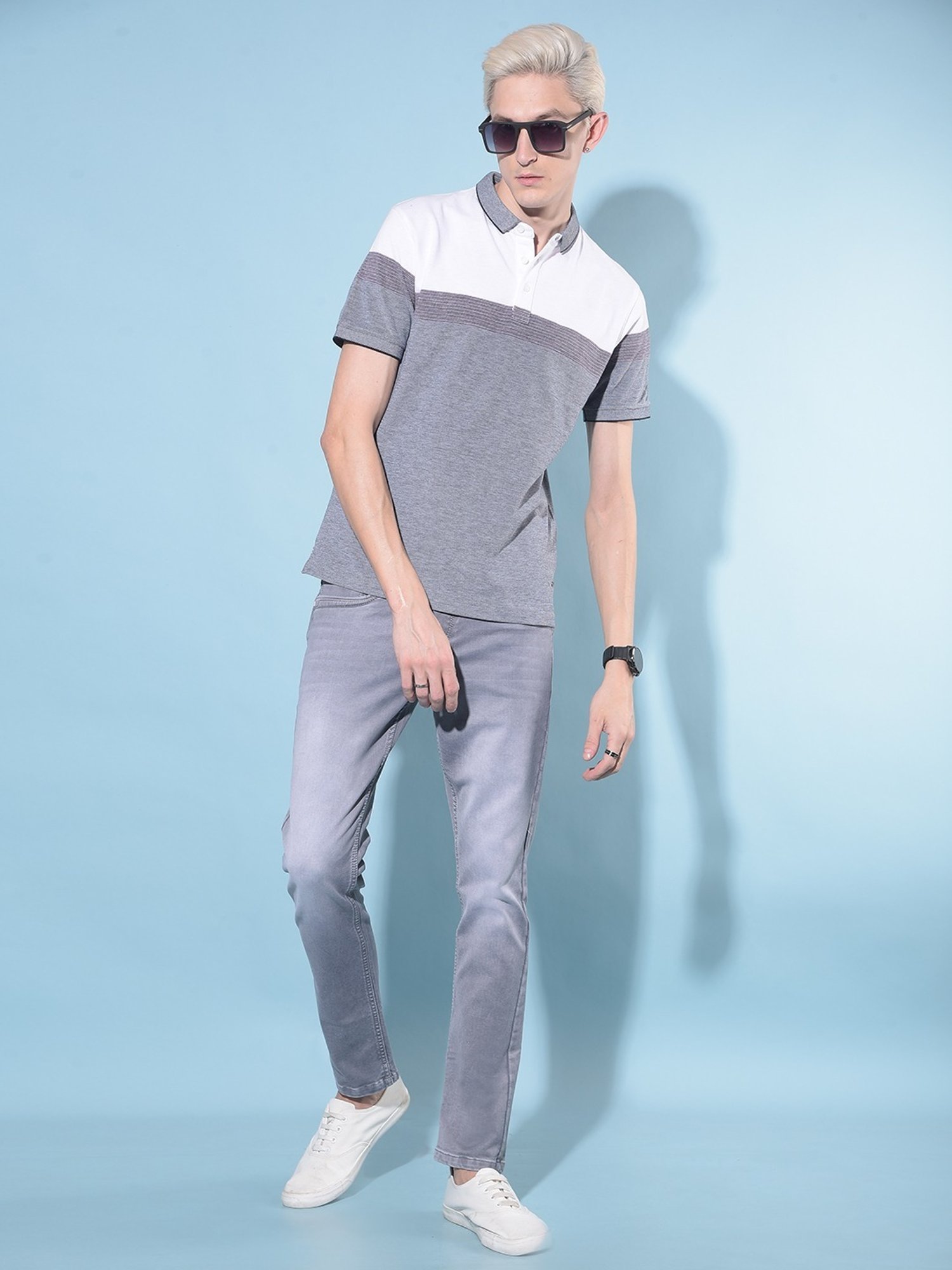 Crimsoune Club Grey  Slim Fit Striped Polo T-Shirt