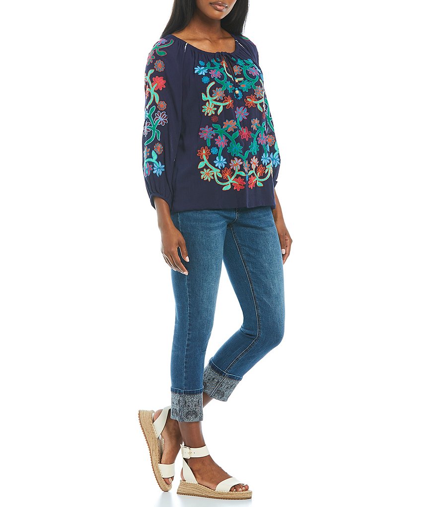 John Mark Gathered Waist Embroidered 3/4 Sleeve Peasant Top