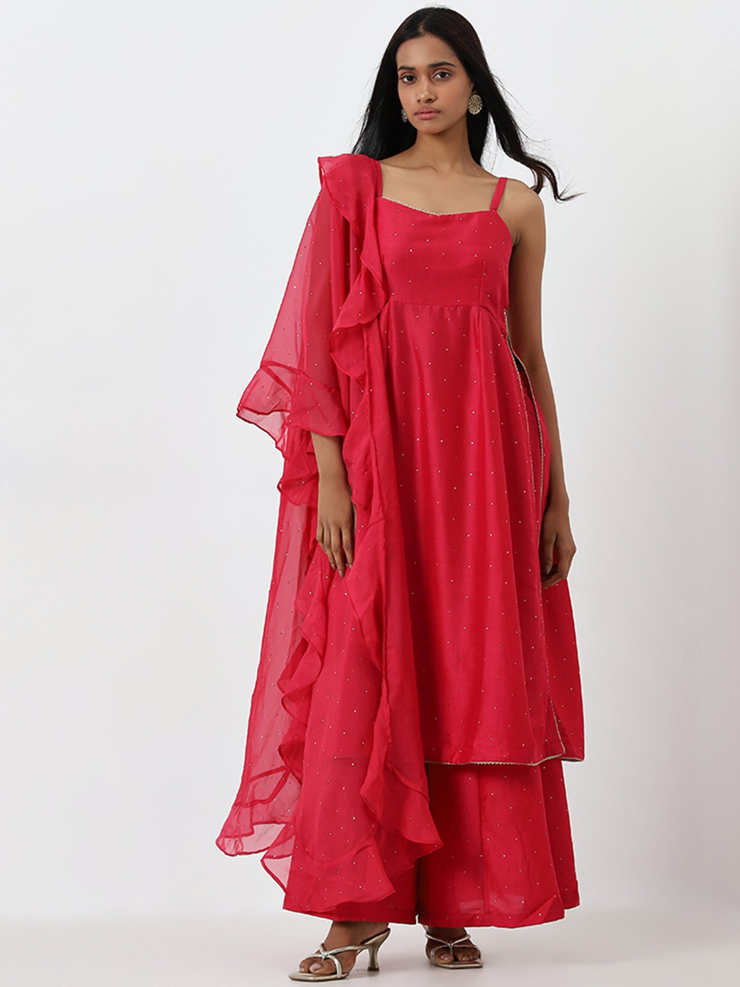 Vark by Westside Pink Embellished Kurta, Palazzos & Dupatta Set