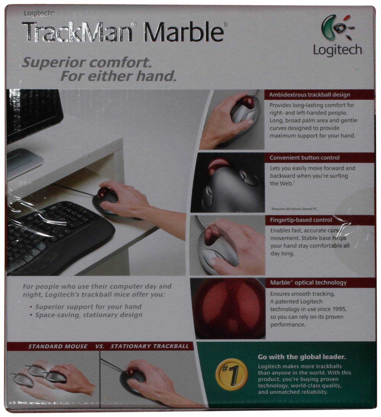 New - Logitech Trackman Marble Mouse, Four-Button, Programmable, Sensor Resolution: 300 ,Supported Windows Vista/ 7/8 /10, Mac OS X 10.5 or later, Chrome OS ,Fingertip-based control helps reduce hand