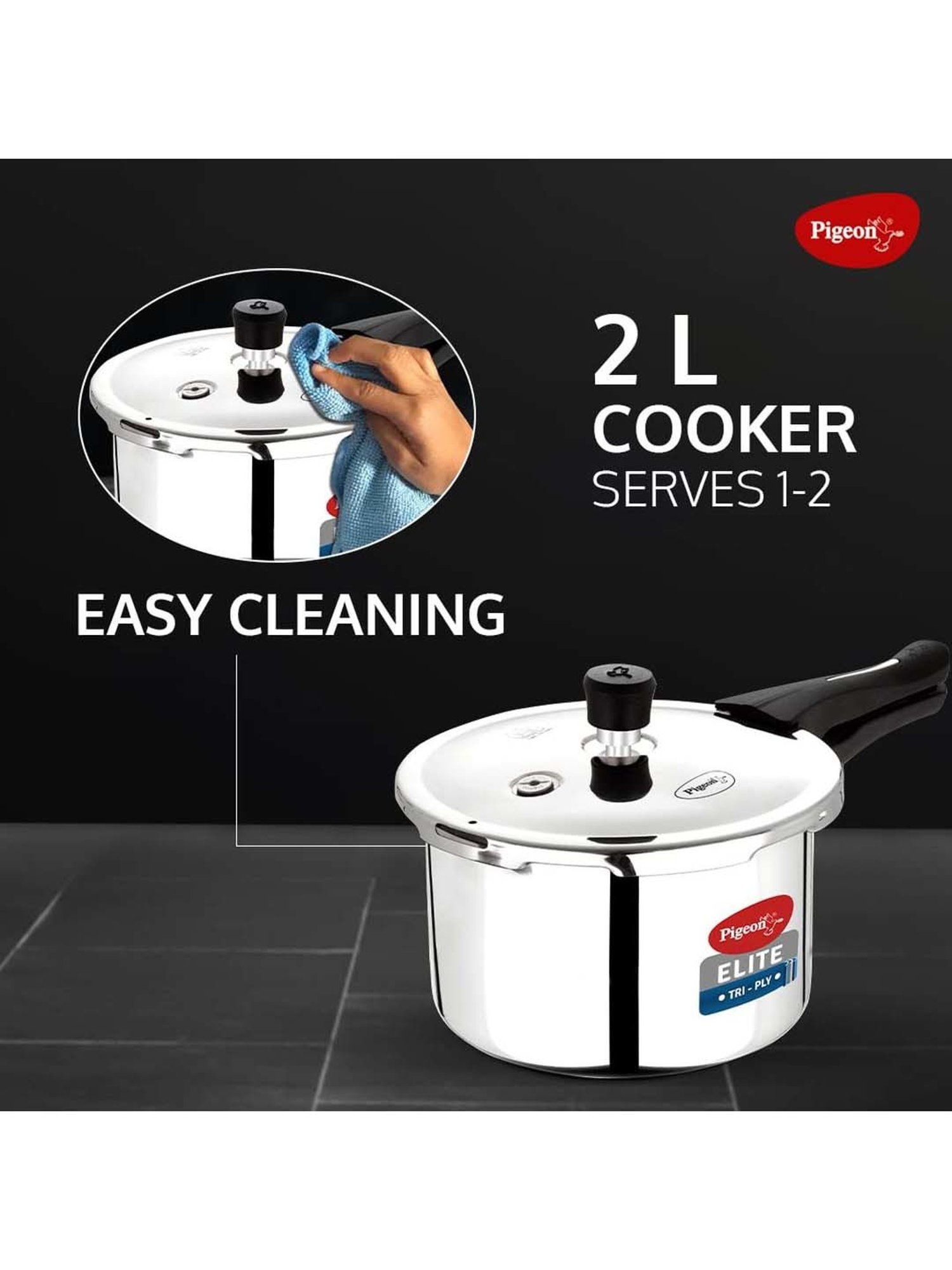 Pigeon Silver Stainless Steel Induction Elite Shine Triply Pressure Cooker (2 L)