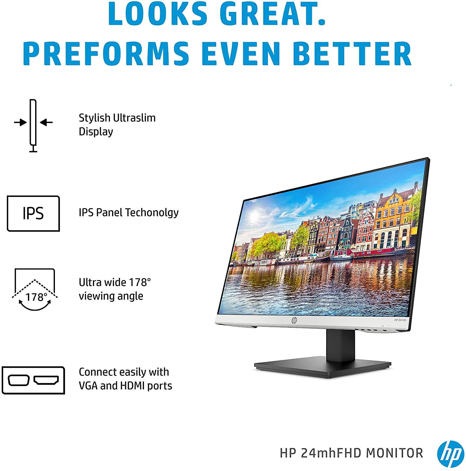 24mh FHD Monitor - Computer Monitor with 23.8-Inch IPS Display (1080p) - Built-In Speakers and VESA Mounting - Height/Tilt Adjustment for Ergonomic Viewing - HDMI and DisplayPort - (1D0J9AA#ABA)