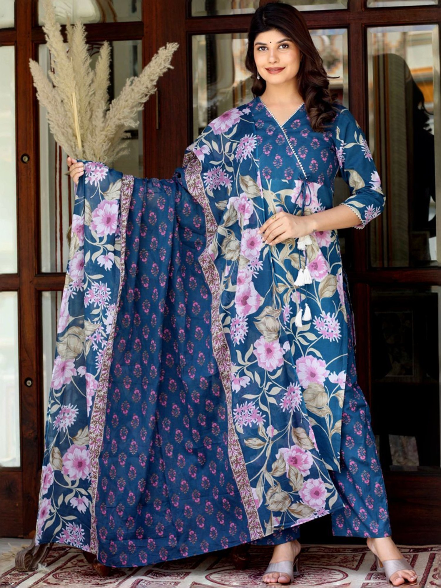 Miravan Blue Cotton Floral Print Kurta Pant Set With Dupatta