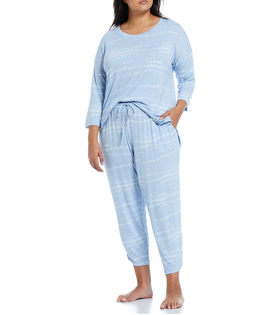 VAN WINKLE & CO. Plus Tie Dye Print Round Neck 3/4 Sleeve Jersey Knit Sleep Top