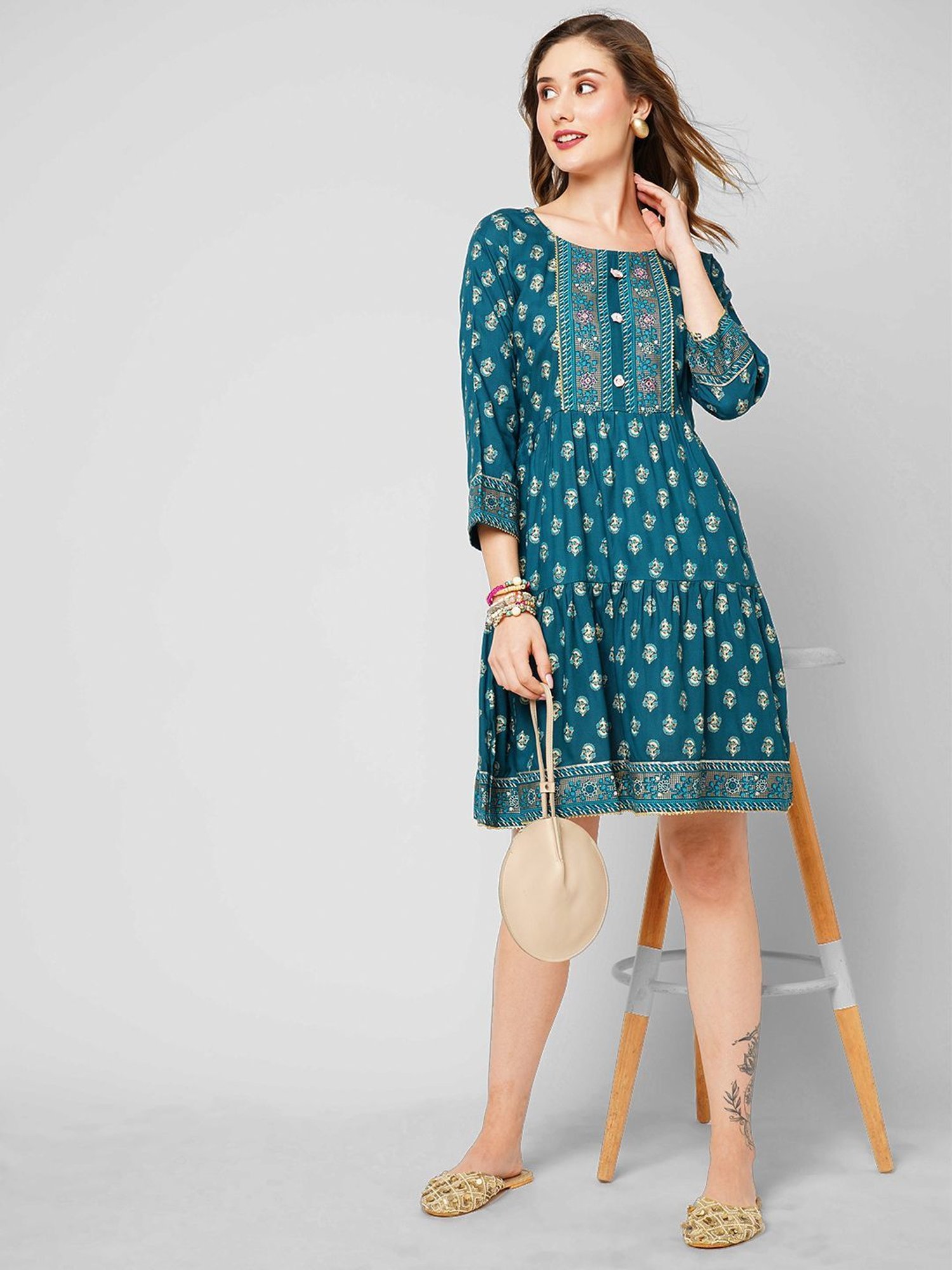 KIANA Blue Printed A-Line Dress