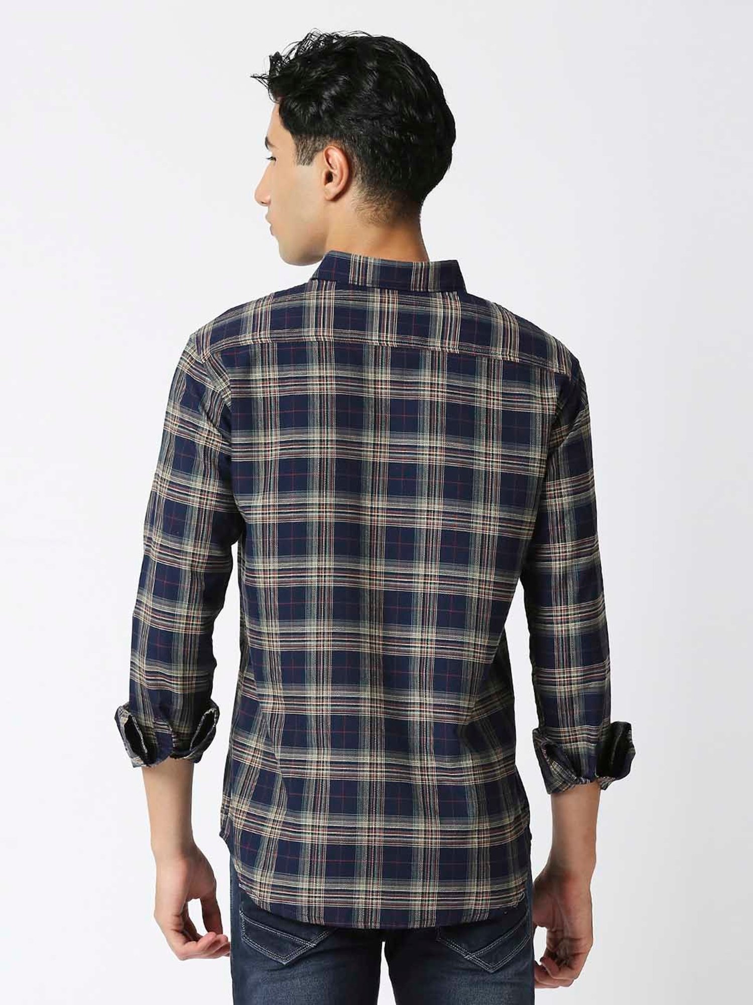 HJ HASASI Dark Blue Slim Fit Check Cotton Shirt
