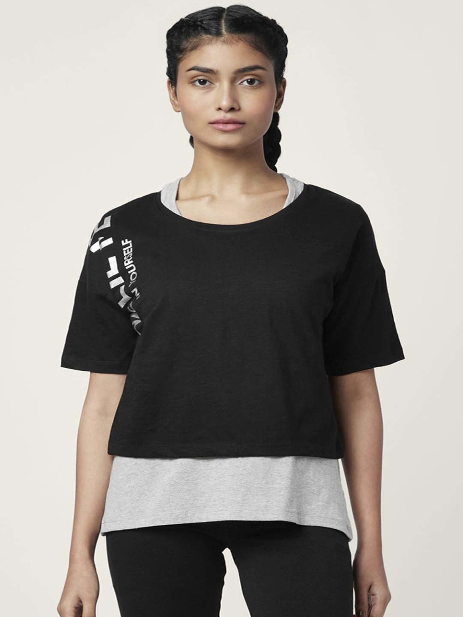 Ajile by Pantaloons Black & Grey Cotton Graphic Print Sports Top With Tank Top