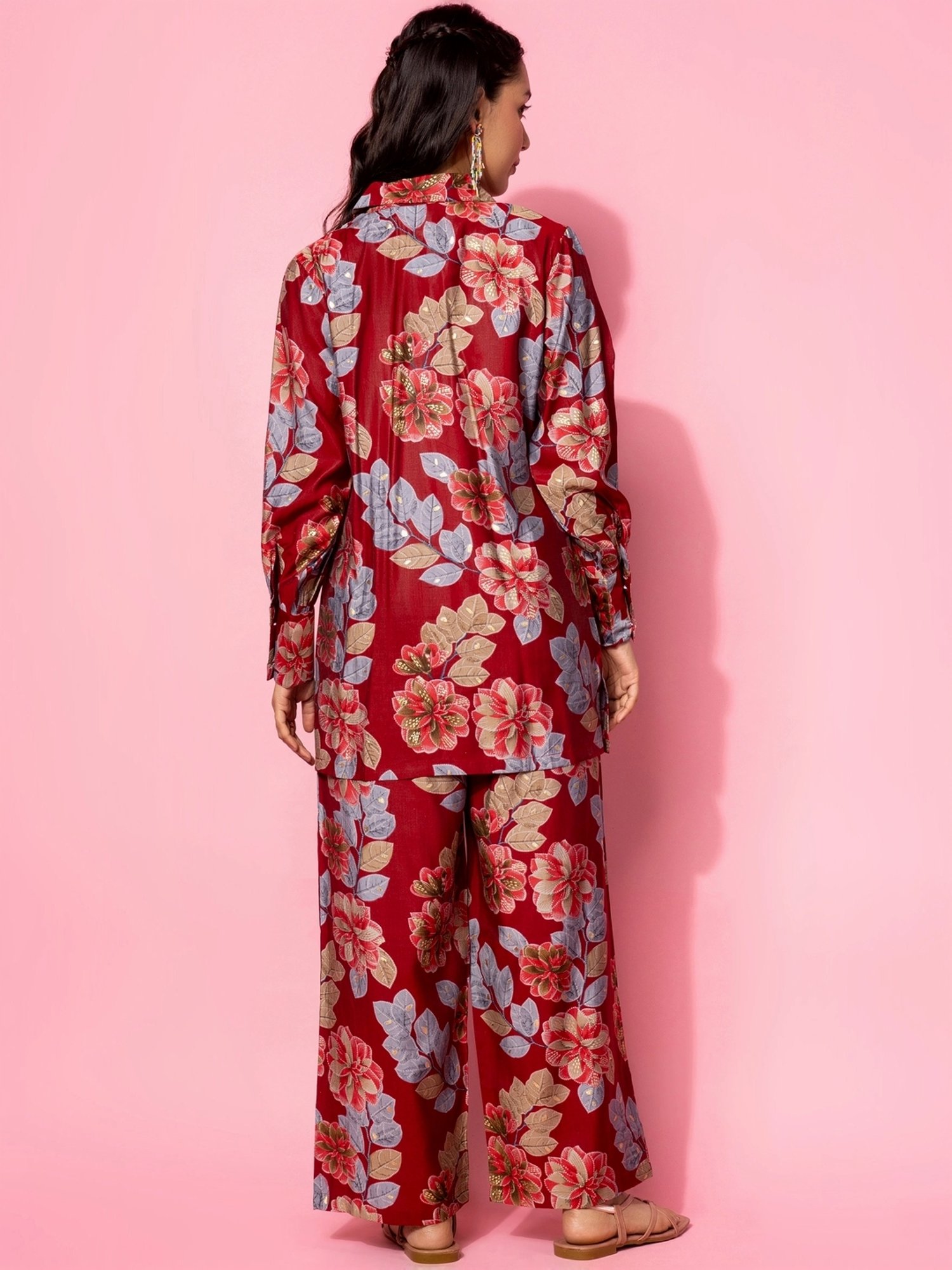 Libas Maroon Printed Silk Blend Co-Ords