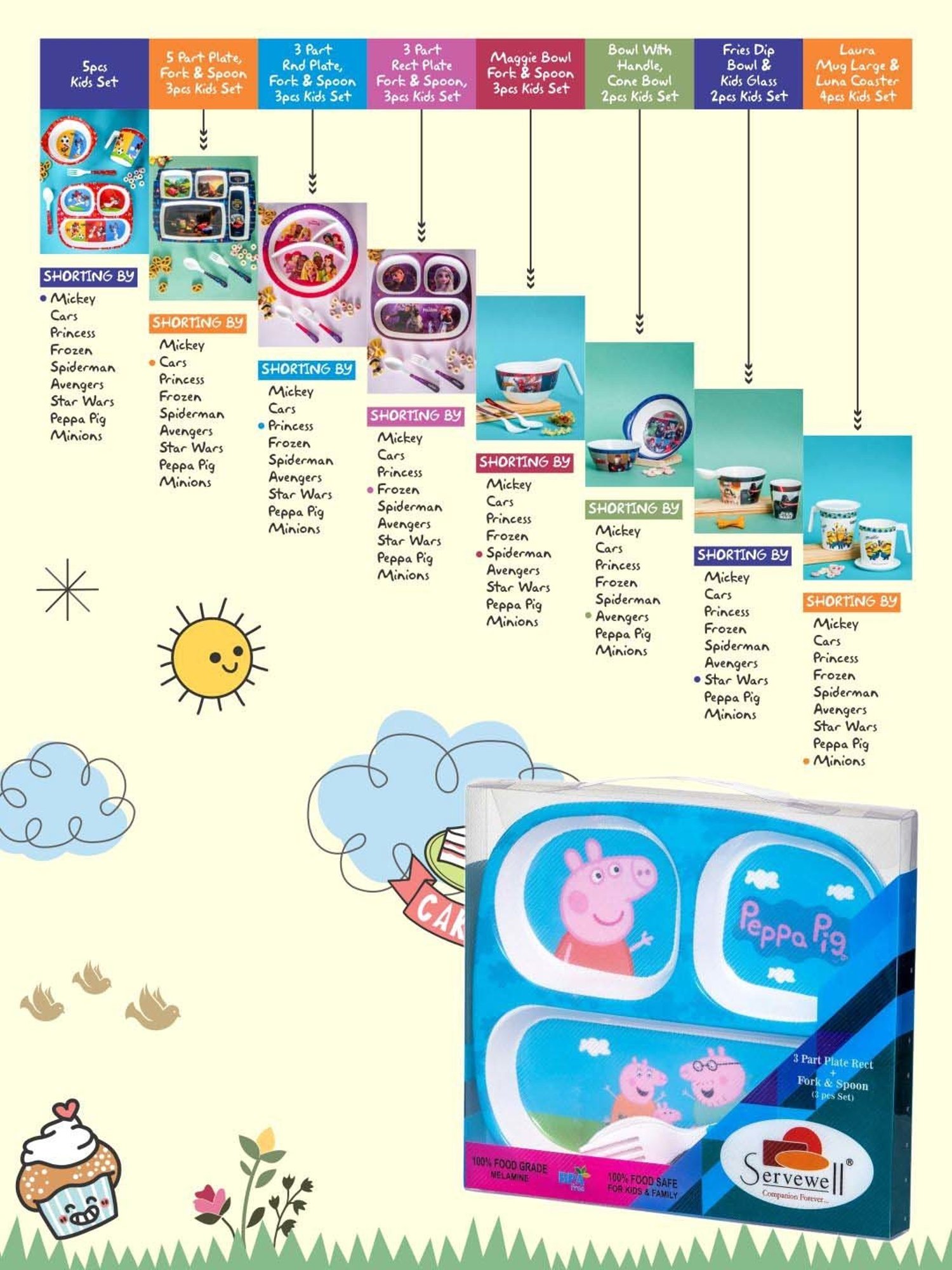 Servewell Peppa Pig Blue Melamine Rectangle Kids 3Pcs Dinner Set