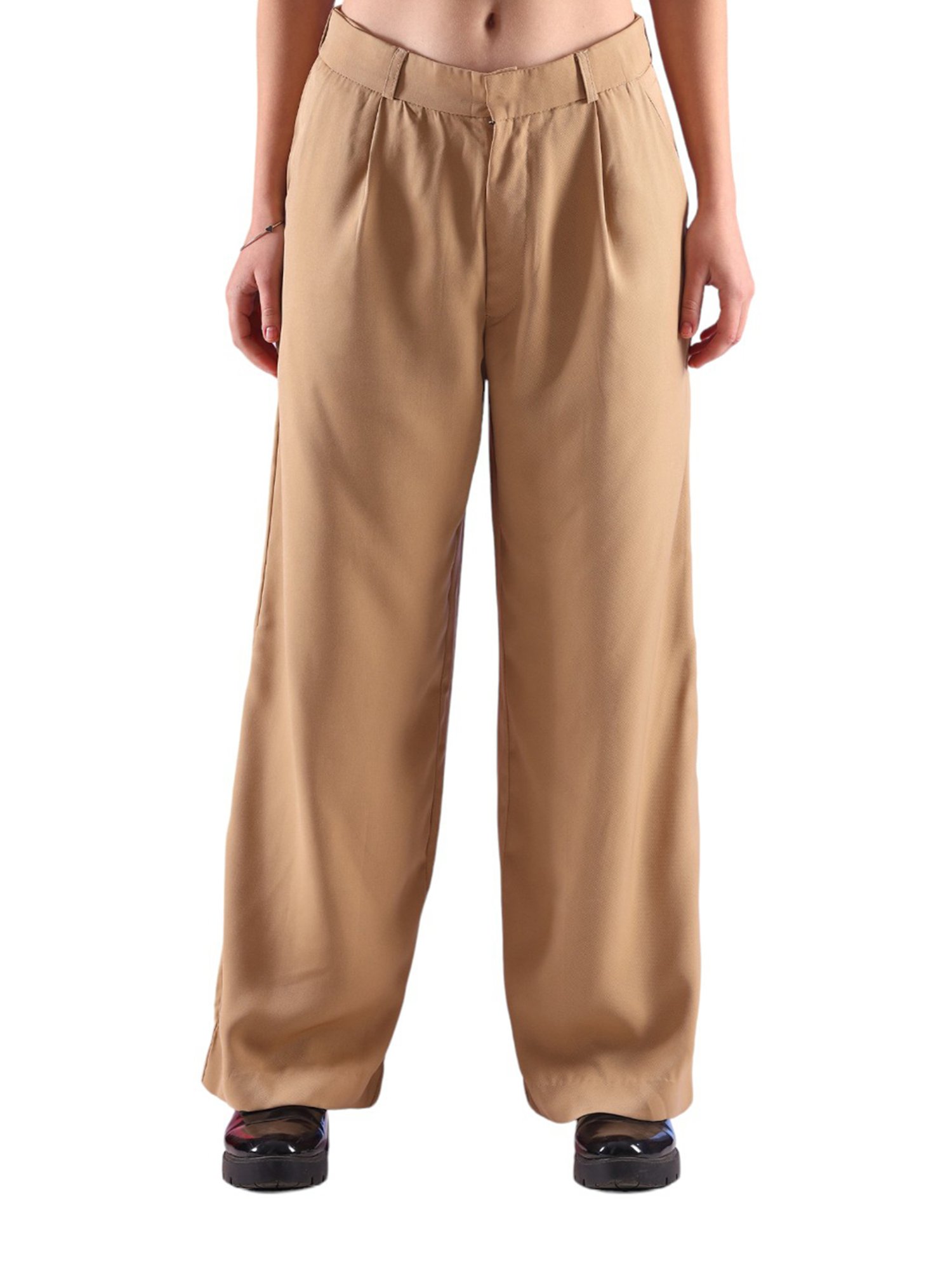 FITHUB Beige Regular Fit High Rise Trousers
