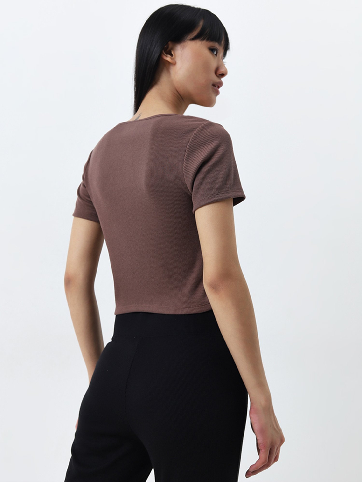 Superstar by Westside Brown Ribbed Textured T-Shirt