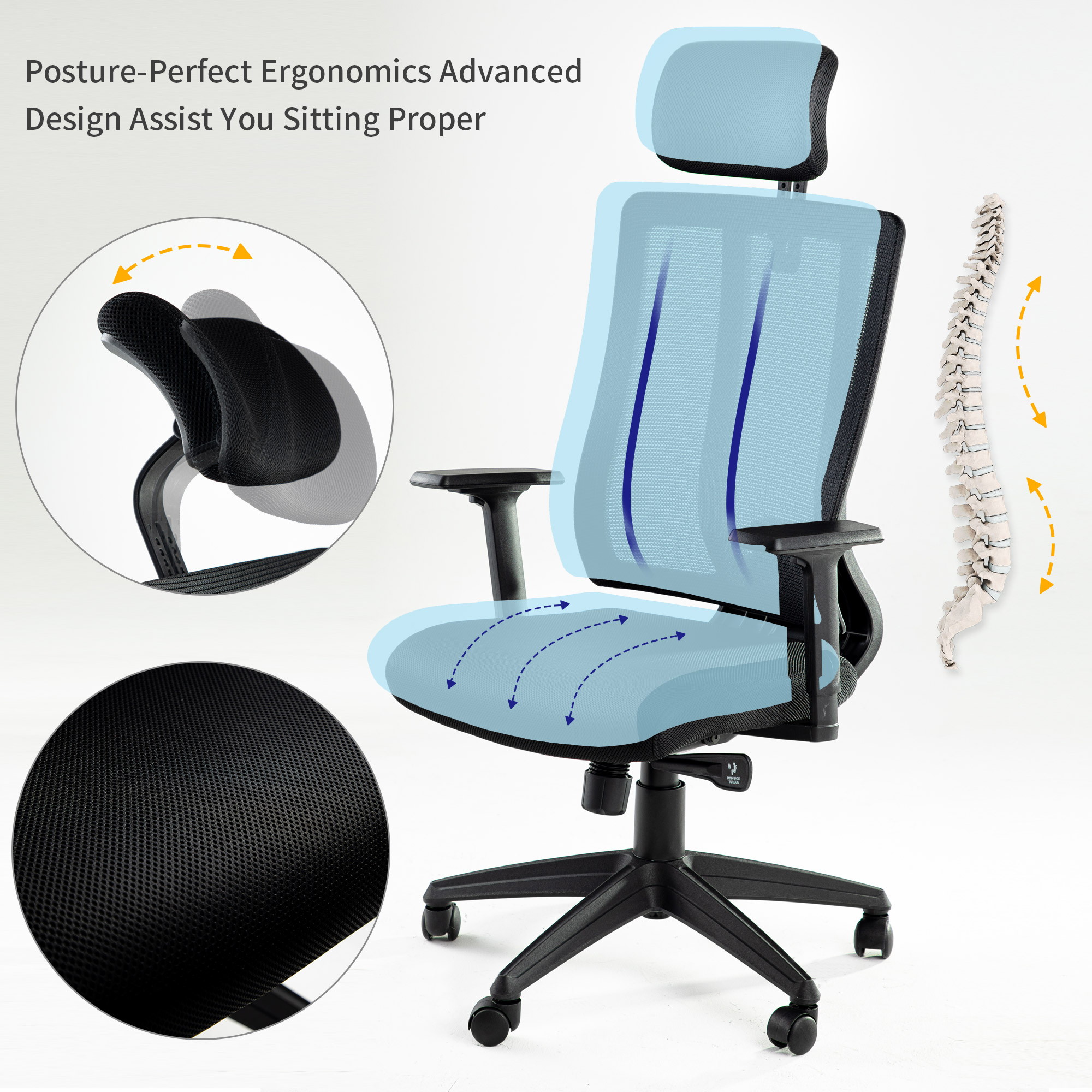 Office Ergonomic Chair High-Back Task Chair Lumbar Mesh Support Computer Chair Desk Chair Multifunction Executive Swivel with Head & Arm Rests Black