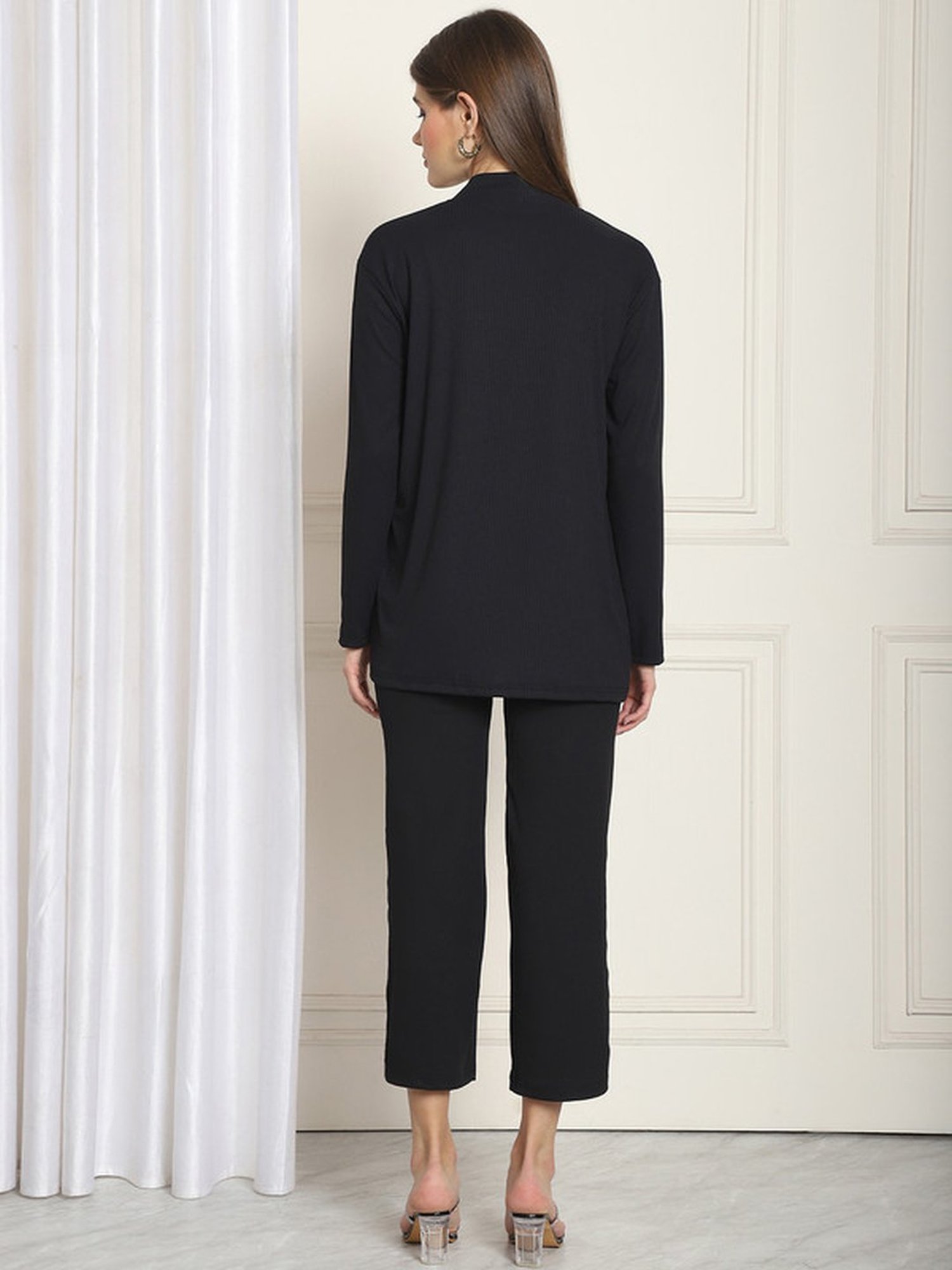 NEUDIS Black Striped Crop Top Trousers Set With Shrug