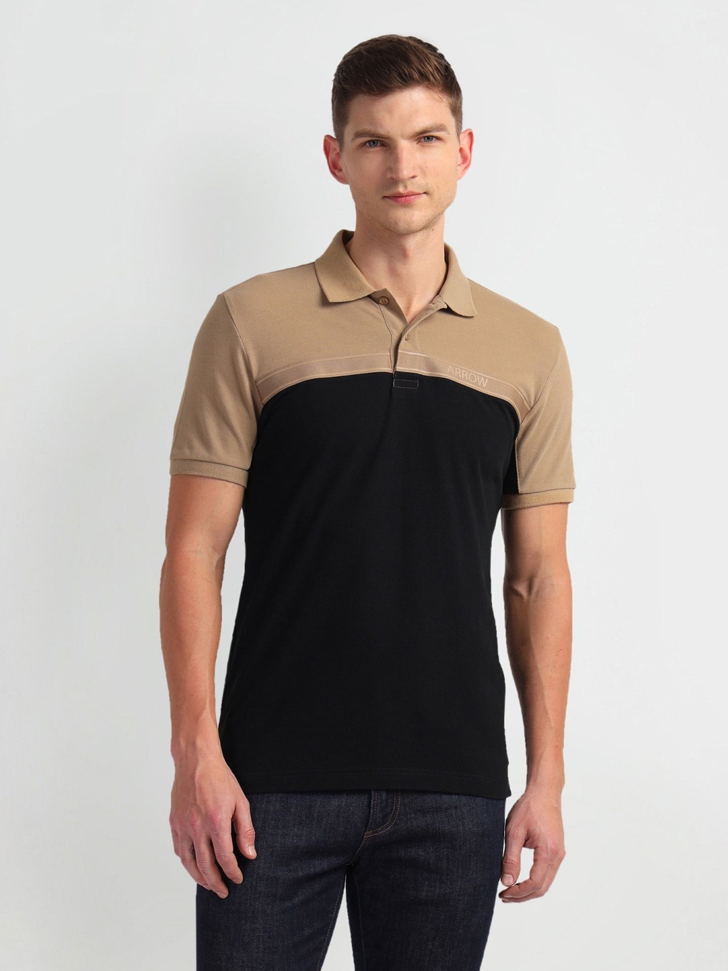 Arrow Sports Black Cotton Regular Fit Colour Block Polo T-Shirt