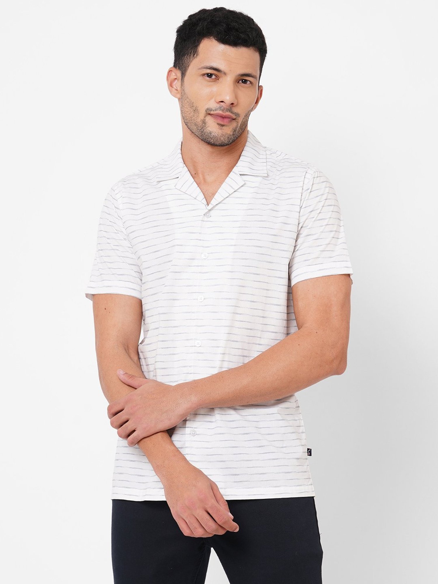 SOLEMIO White Slim Fit Striped Shirt