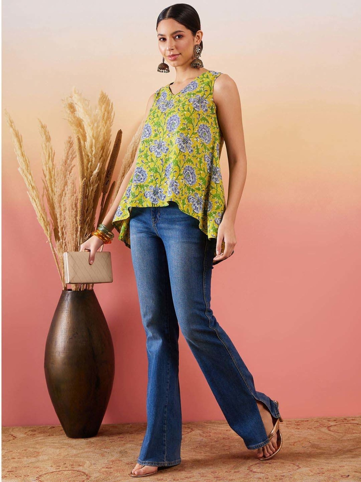 Inweave Lime Yellow Cotton Floral Print Top