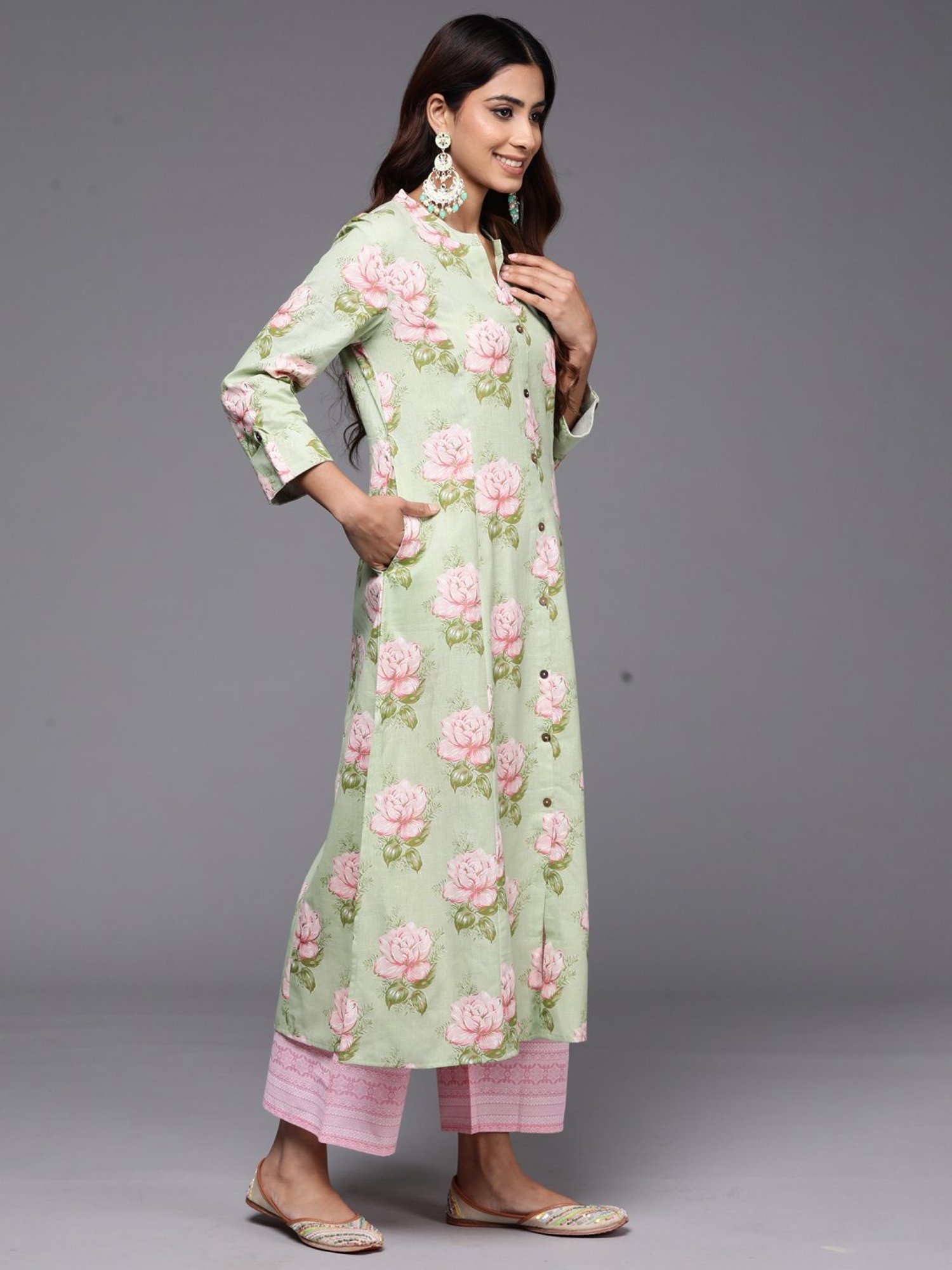 Indo Era Green Cotton Printed A Line Kurta