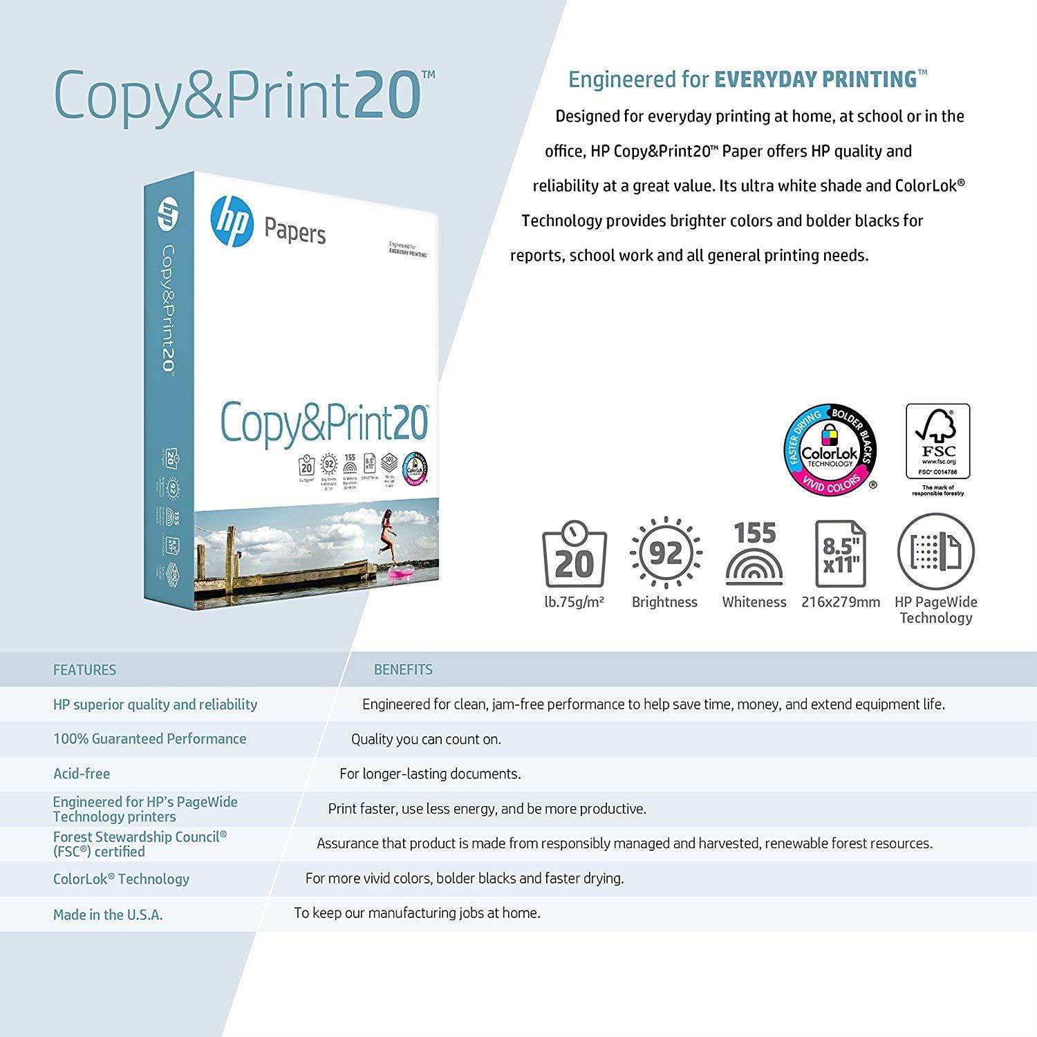 HP Printer Paper, Copy and Print20, 8.5 x 11, Letter, 20lb, 92 Bright, 2,500 Sheets / 5 Ream Carton (200350C) Made In The USA