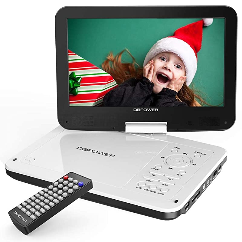 12 Portable DVD Player with 5Hour Rechargeable Battery 10 Swivel Display Screen SD Card Slot and USB Port with 18 Meter Car Charger and Power Adaptor Region FreeWhite