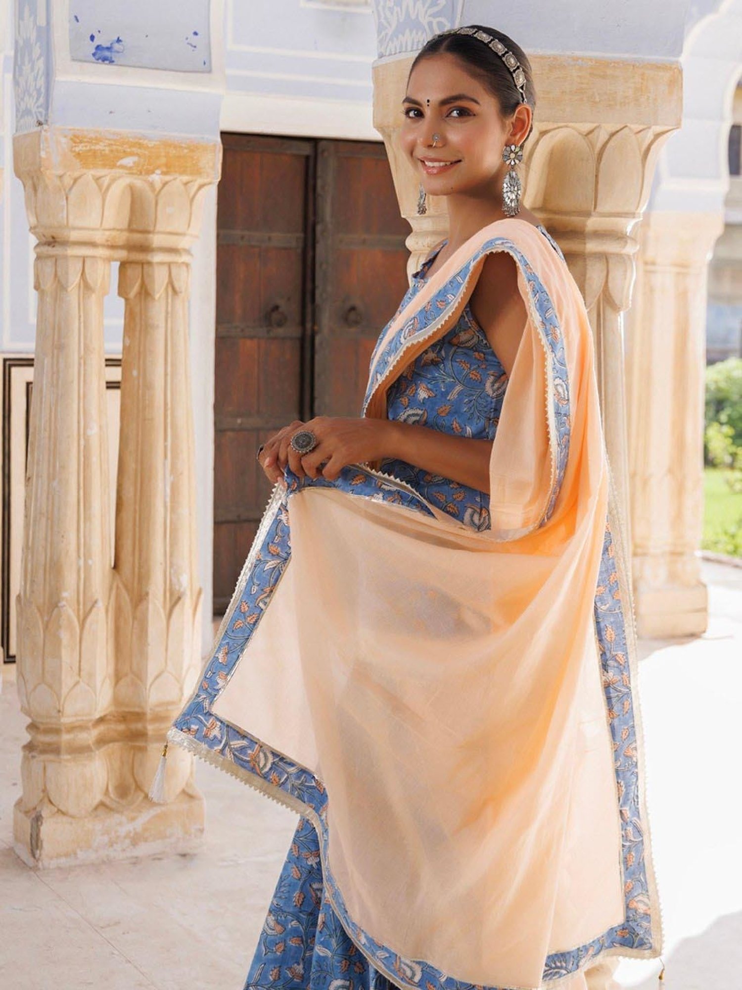 Geroo Jaipur Light Blue-Peach Pure Cotton Hand Block Printed Skirt Set