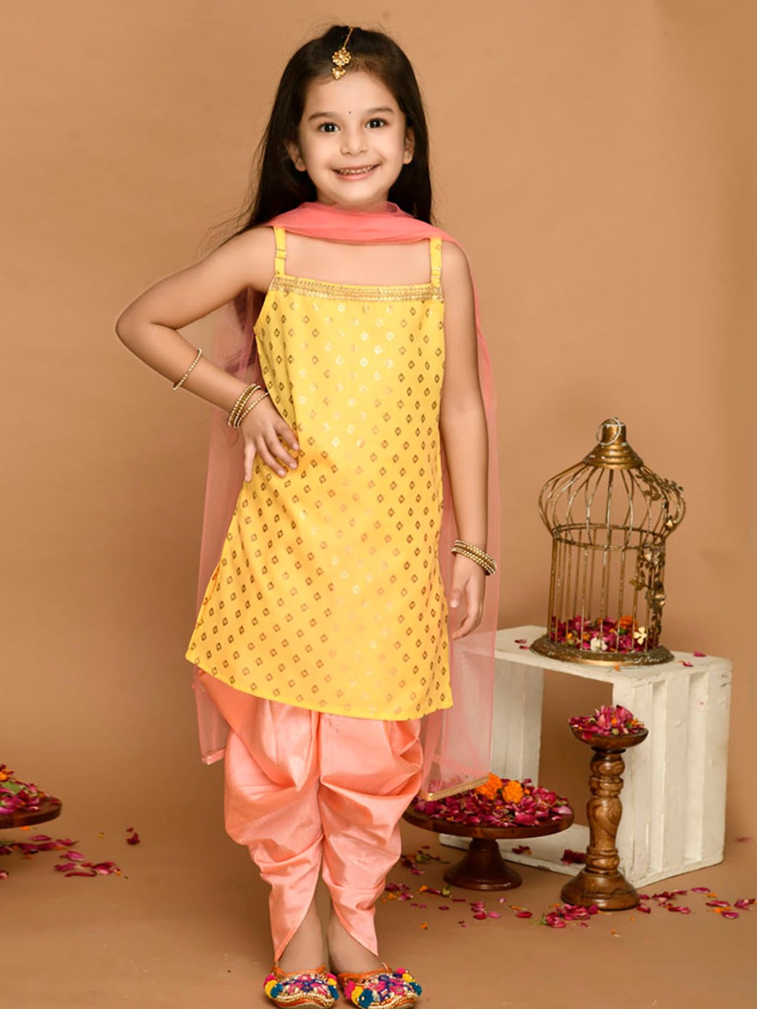 Saka Designs Kids Yellow & Neon Pink Printed Kurta with Dhoti & Dupatta