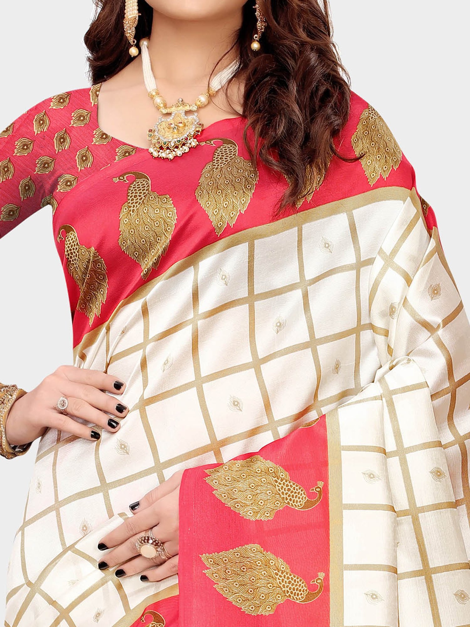 KSUT Ivory & Pink Check Saree With Blouse