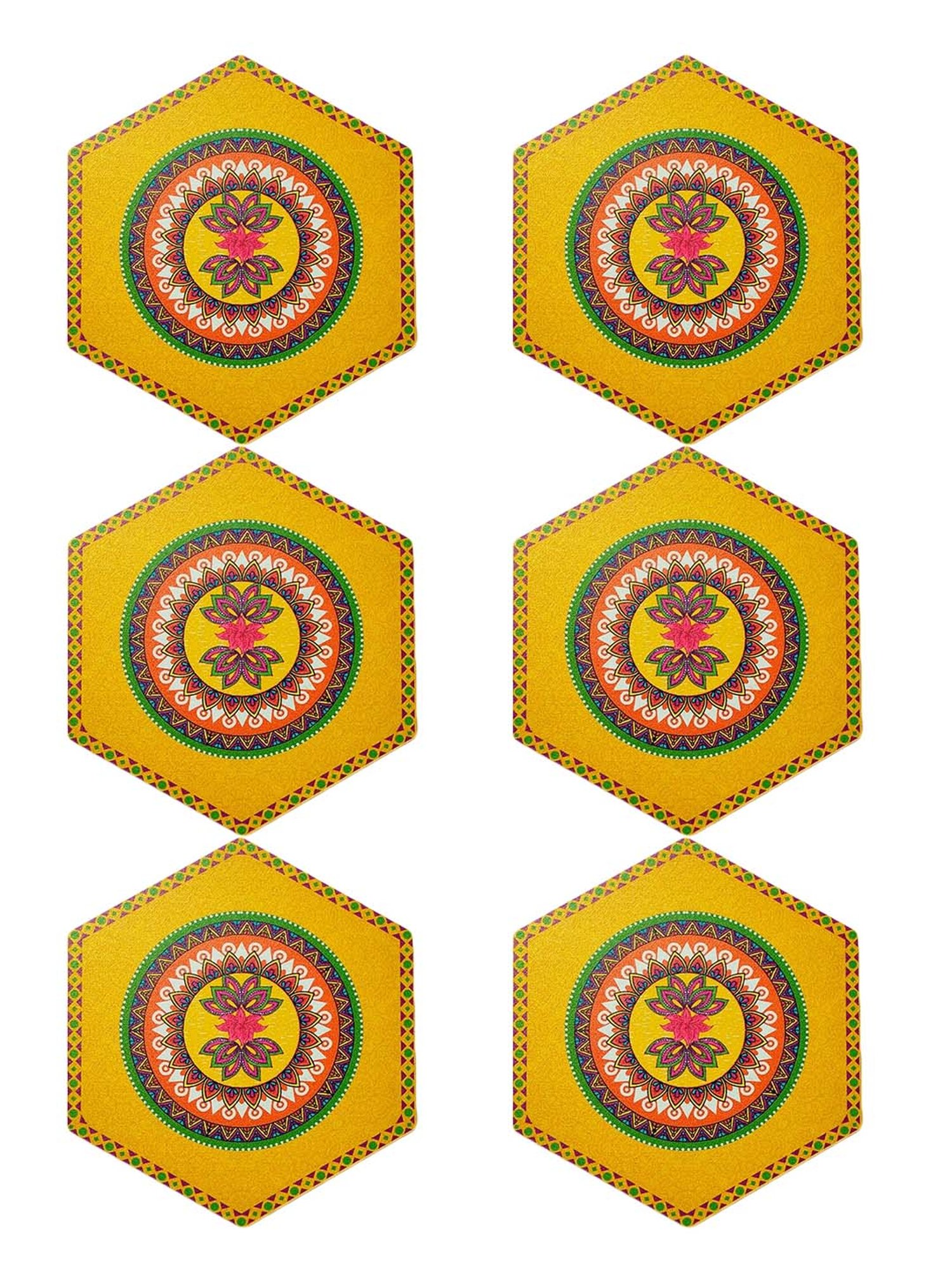 Crayton Yellow Wooden Madhubani Printed Hexagon Coasters with Holder - Set of 6