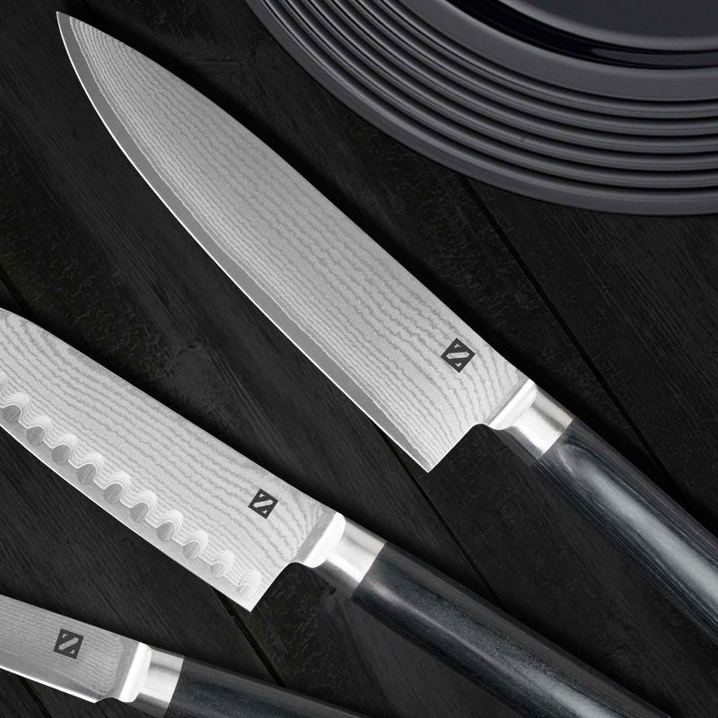 Zelancio ZEL-KSET-7PC 7 Piece Japanese VG-10 Folded Damascus Steel Blade, Carbon Steel Core, and Pakka Wood Handle Chef Kitchen Knife Set