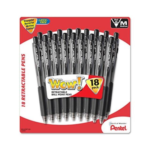pentel wow! retractable ballpoint pens, medium line, black ink, 18pack bk440bp18a