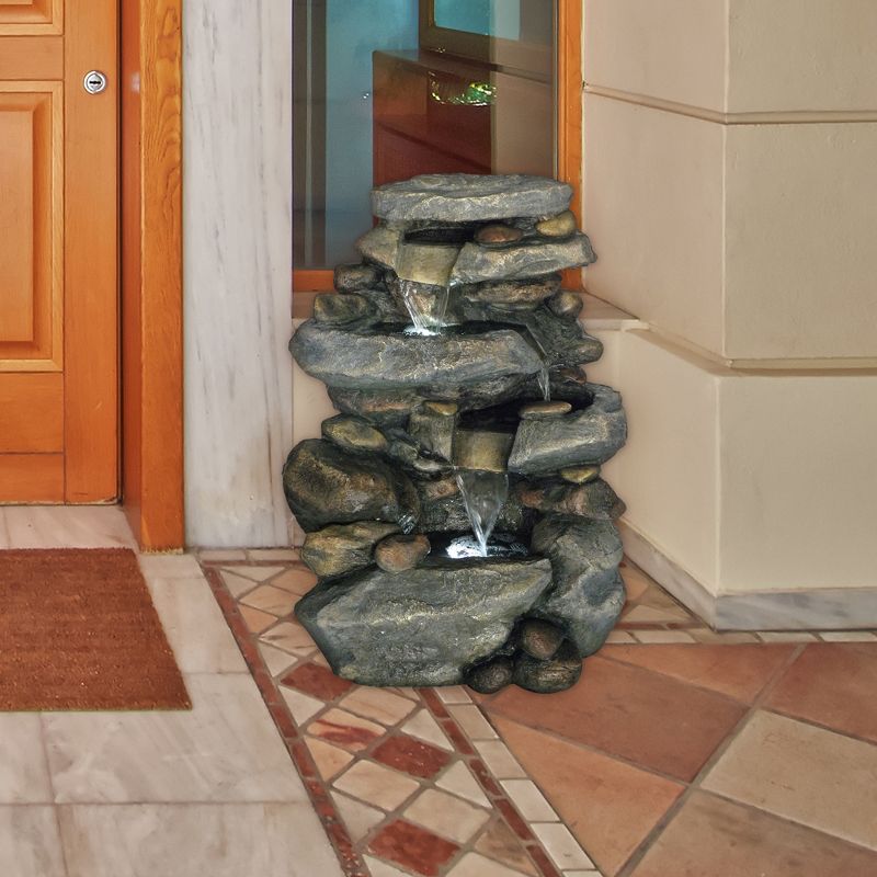 19.4" x 15" x 25.5" Stone Waterfall Outdoor Fountain With LED Lights - Gray - Pure Garden