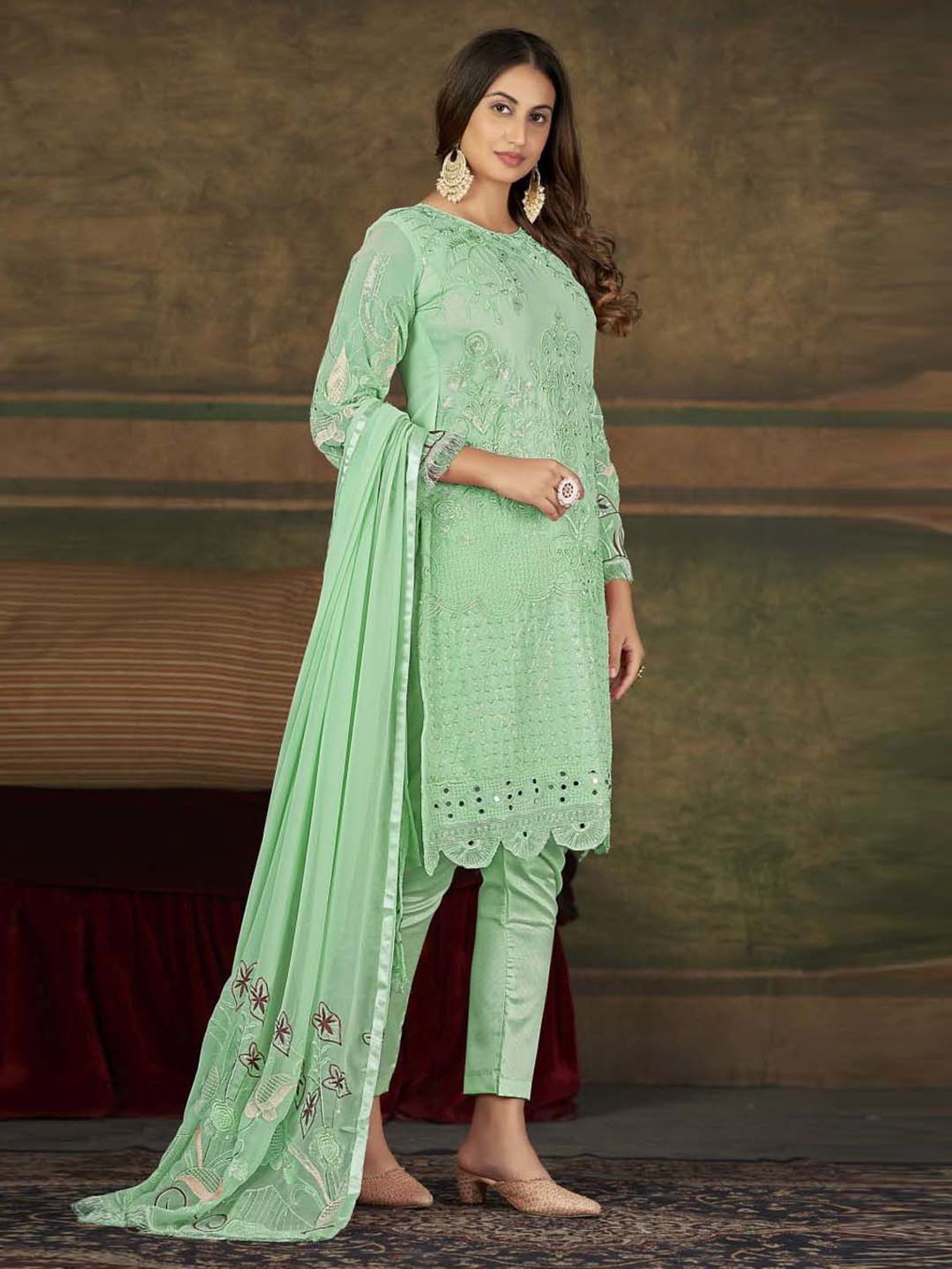 Warthy Ent Green Embroidered Semi Stitched Dress Material