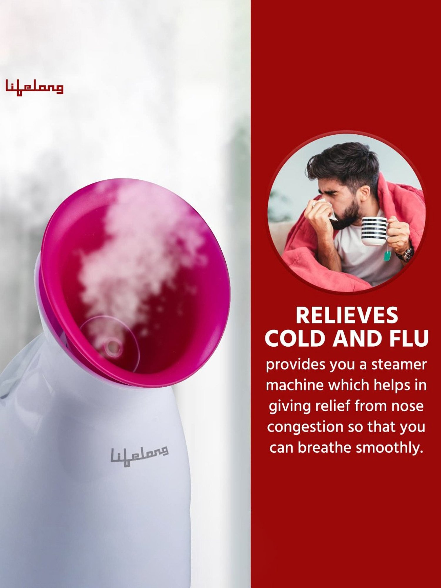 Lifelong LLS45 Warm Mist Cough, Cold and Moisturising Facial Steamer with UV Sterilisation (Pink)