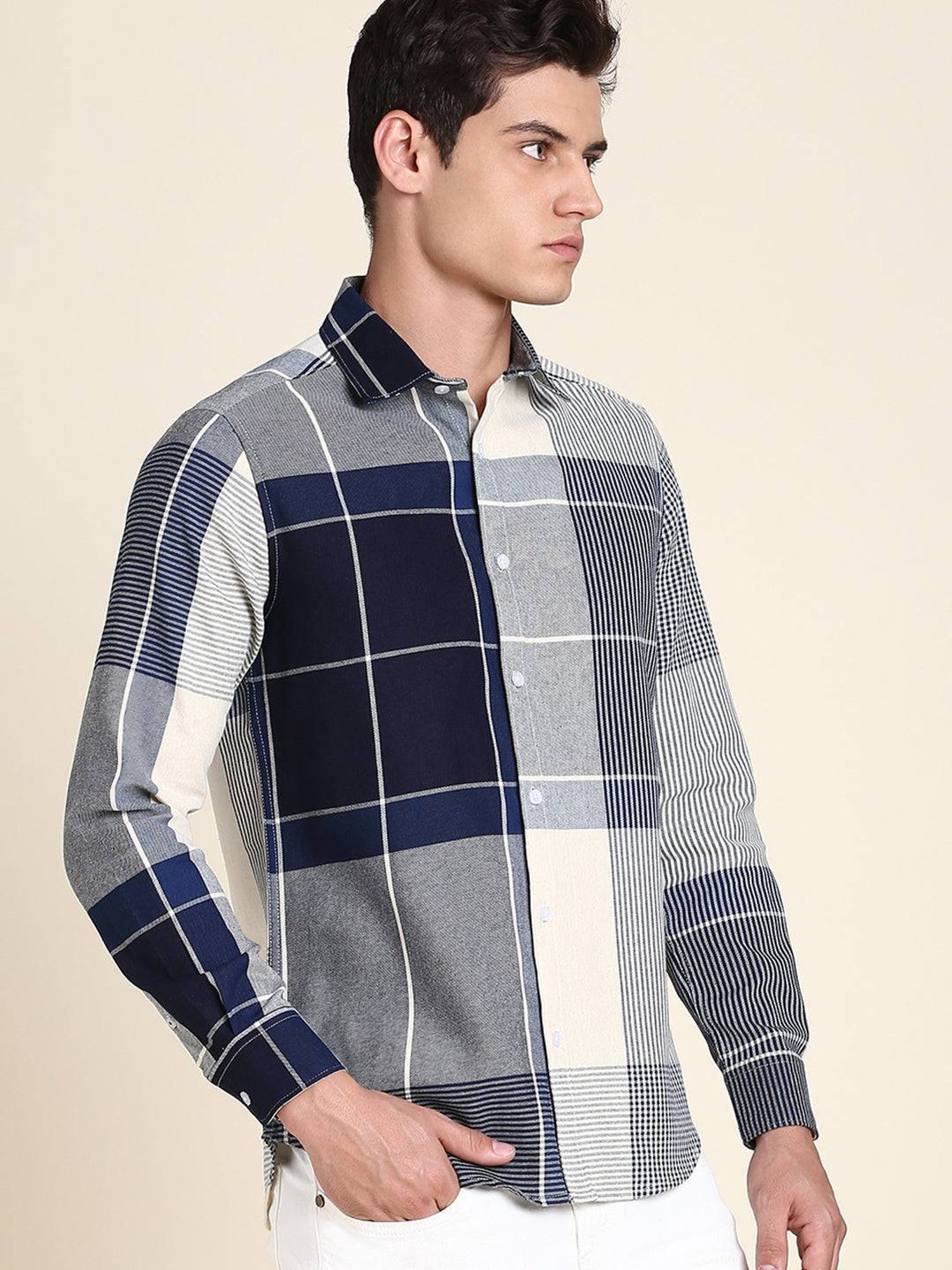 Dennis Lingo Charcoal Cotton Slim Fit Checks Shirt