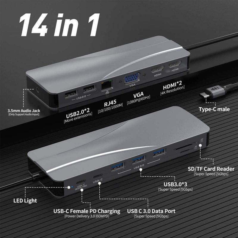 14 in 1 USB C Hub, Triple Display USB C Docking Station with 2 4K HDMI, VGA,Gigabit Ethernet, Power Delivery Type C Port,SD TF, 5 USB Ports,Audio, USB C Dock Compatible for MacBook,Other USB C Laptop