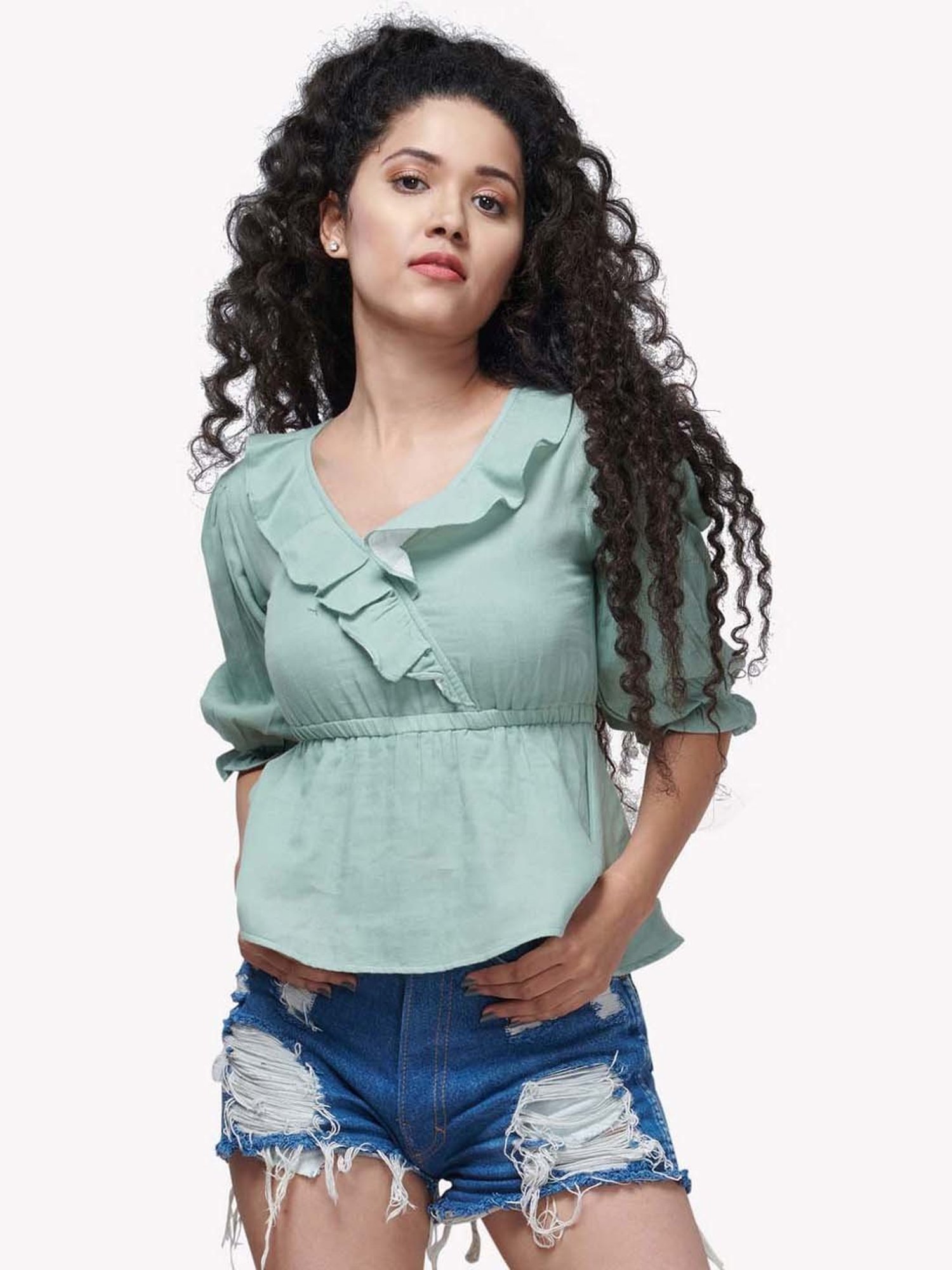 VASTRADO Green Cotton V Neck Top