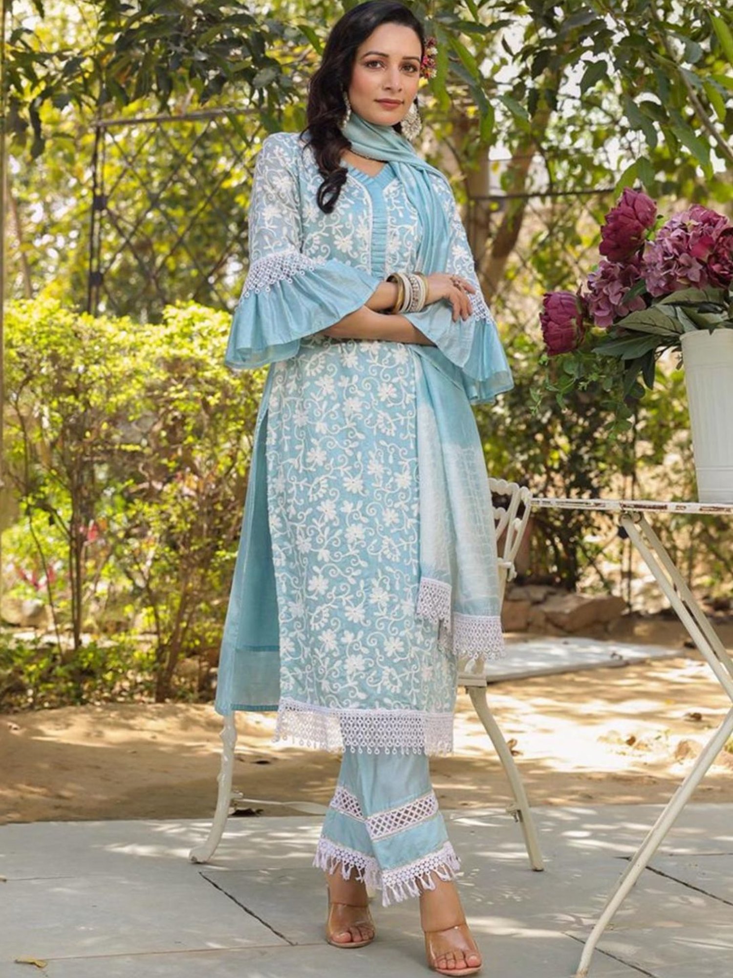 Autumnlane Blue Jeena Sky Embroidered Cotton Kurta with Pant and Dupatta