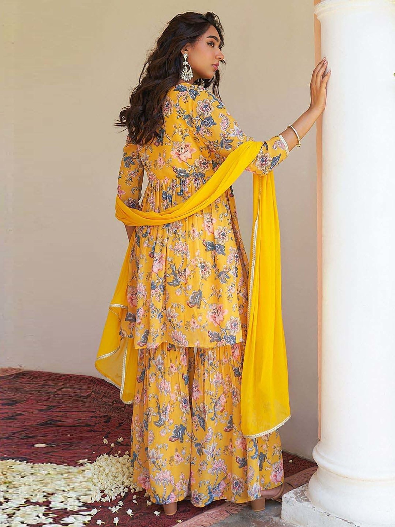 Janasya Yellow Floral Print Kurta & Sharara Set With Dupatta
