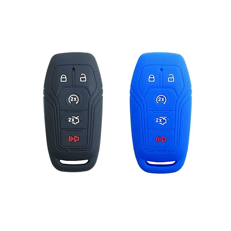Autotech Silicone Rubber Keyless Entry Car Remote Key Cover Shell Case for Ford F150 Lincoln MKZ MKC Mustang Fusion F450 1 Pair Black+Blue