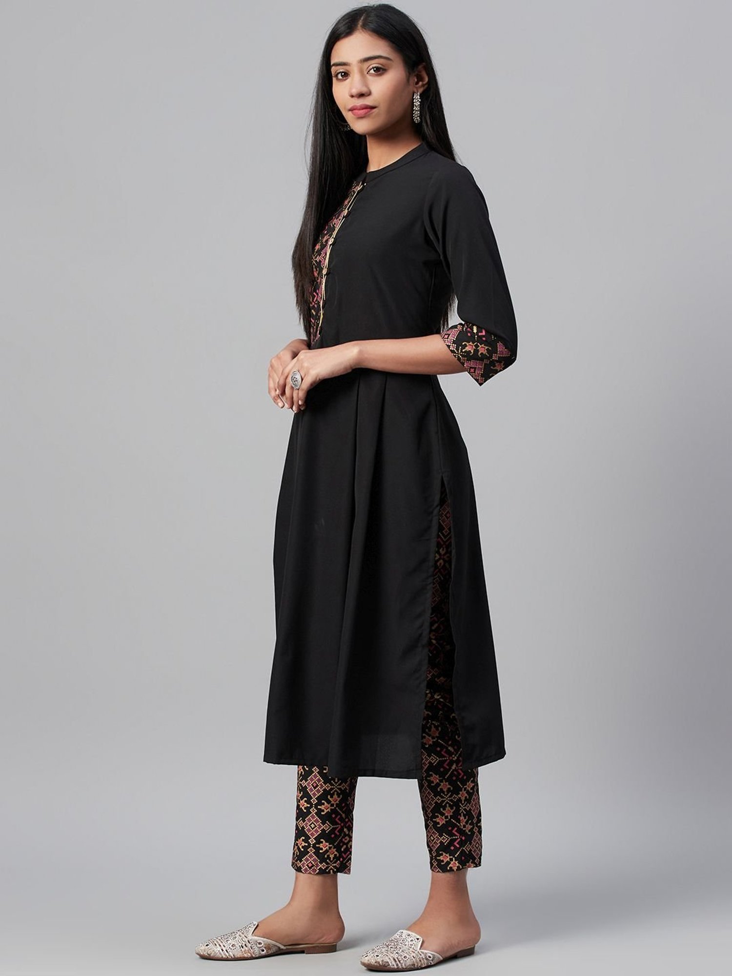 Ziyaa Black Printed Straight Kurta