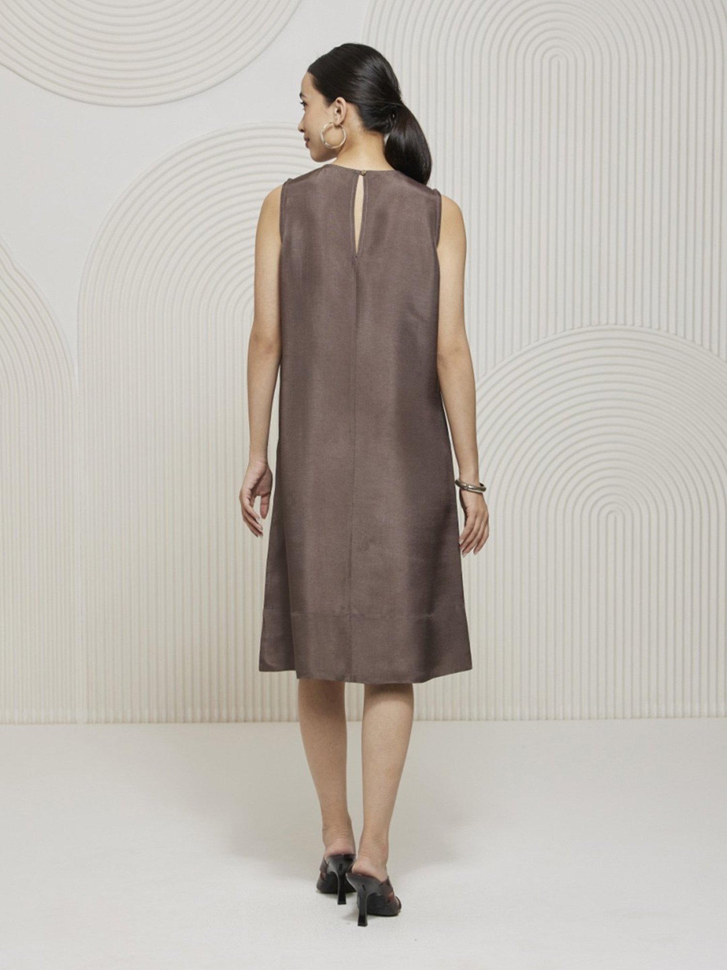 Artagai Granite Grey Elevated Basics Knee Length Dress with Pleat Detail At Shoulder